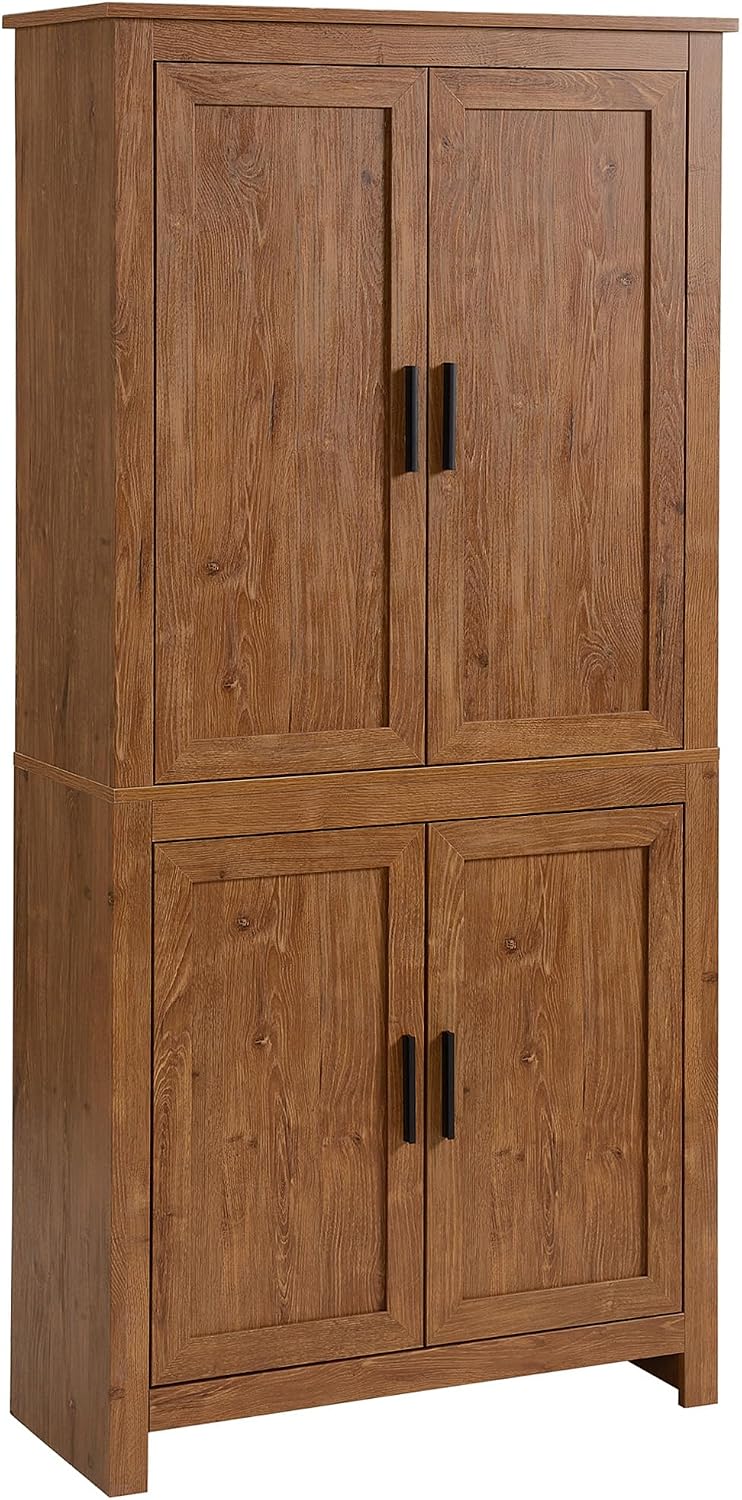 HOMCOM 64" Kitchen Pantry Cabinet, Freestanding Storage Cabinet with 4 Doors and 3 Adjustable Shelves for Dining Room, Oak