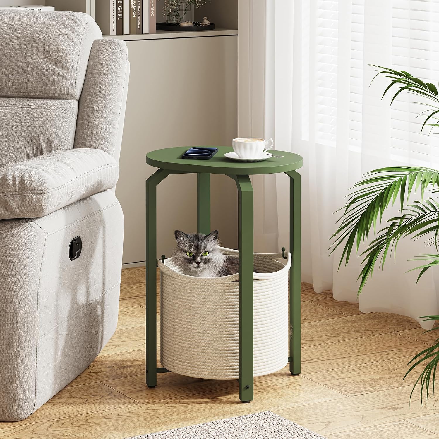 TUTOTAK Oval End Table with Woven Storage Basket, Olive Green Small Side Table for Living Room, Bedroom, TB01BOG093