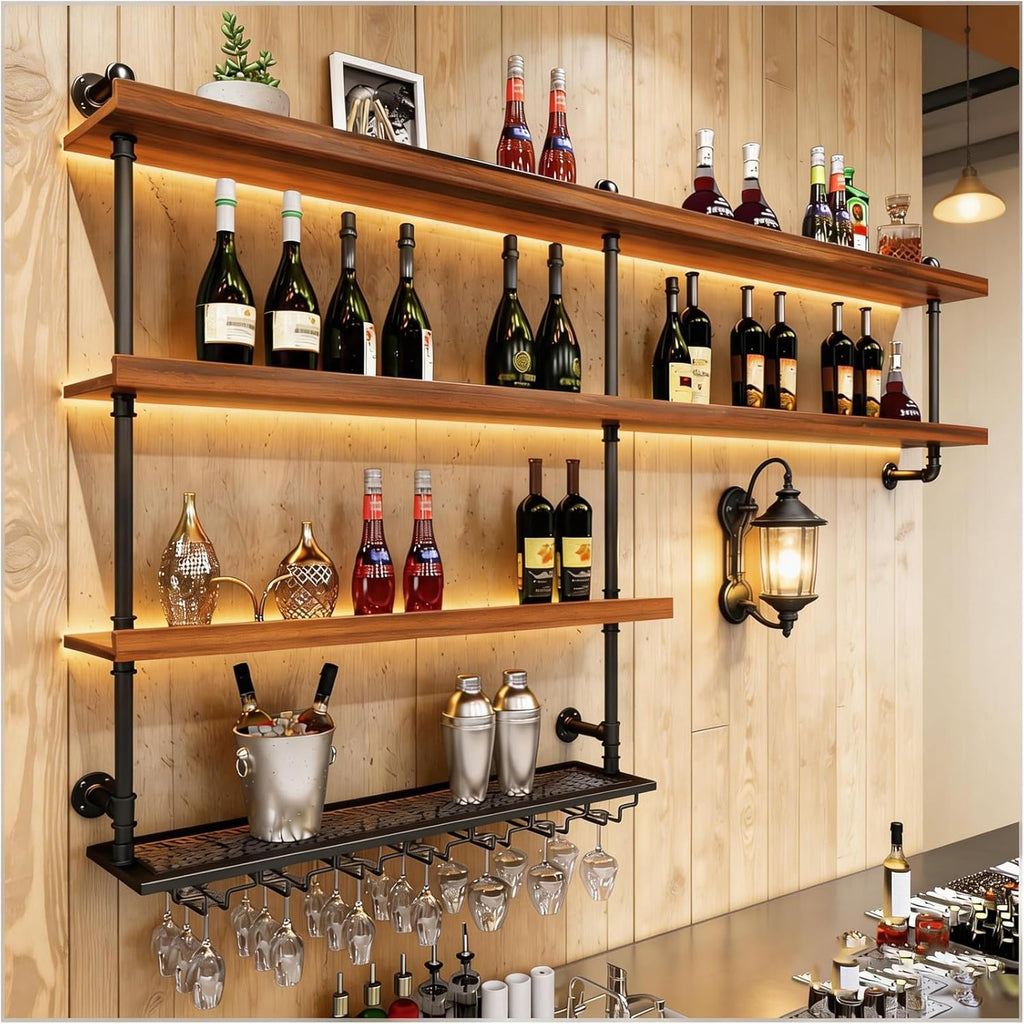 Solid Wood LED Wall Mounted Wine Rack (70.9 in/ 180CM) | 4 Tiers Liquor Bottles Floating Shelves with Glass Holder, Industrial Style, Suitable for for Home Bar Dining Room
