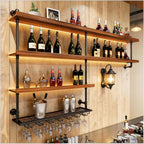 Solid Wood LED Wall Mounted Wine Rack (70.9 in/ 180CM) | 4 Tiers Liquor Bottles Floating Shelves with Glass Holder, Industrial Style, Suitable for for Home Bar Dining Room