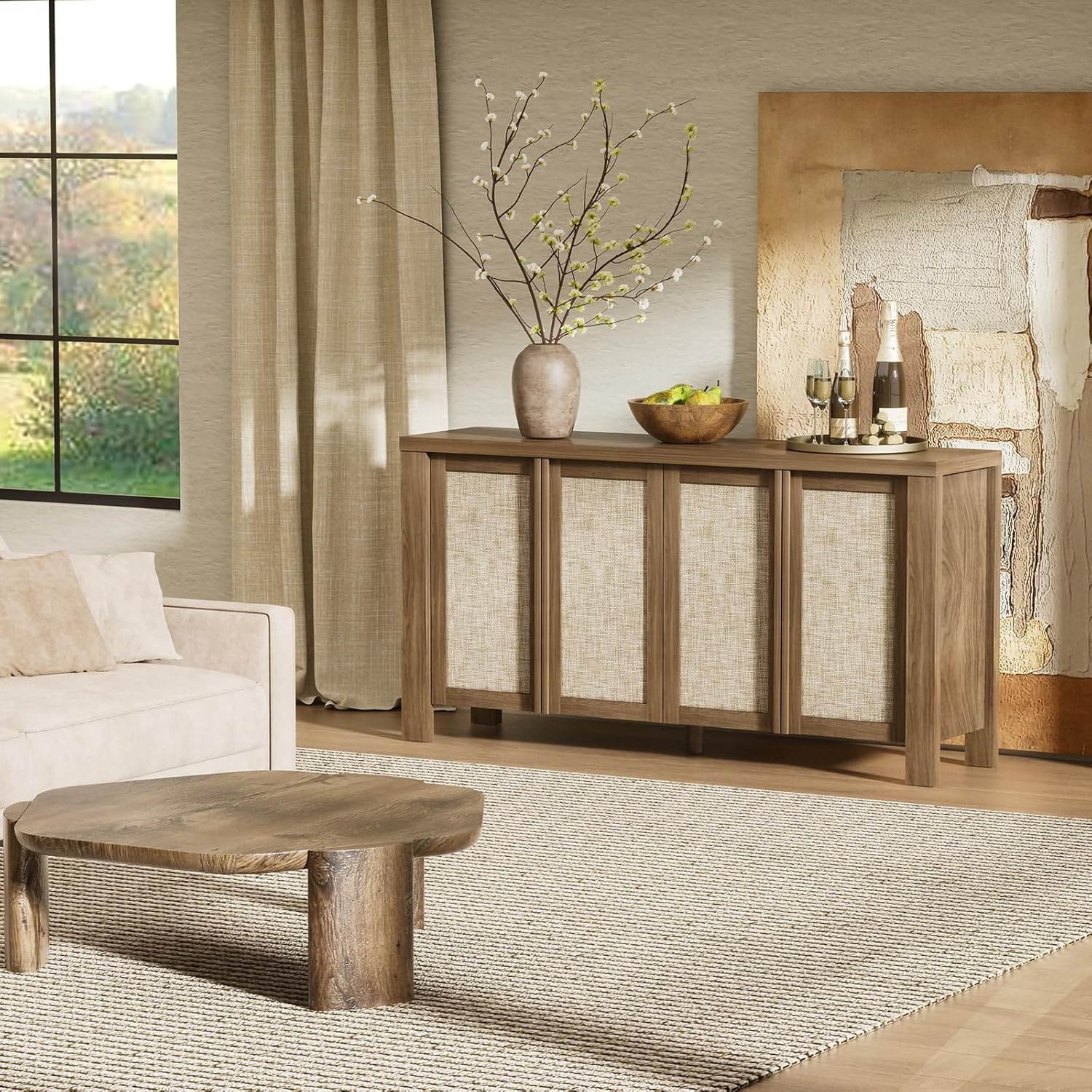 Yechen Buffet Cabinet with Storage, 63" Wide Sideboard with Solid Wood Handles and Rattan Look Accent Doors, Flexible Shelves, for Living Room, Kitchen, Natural Walnut