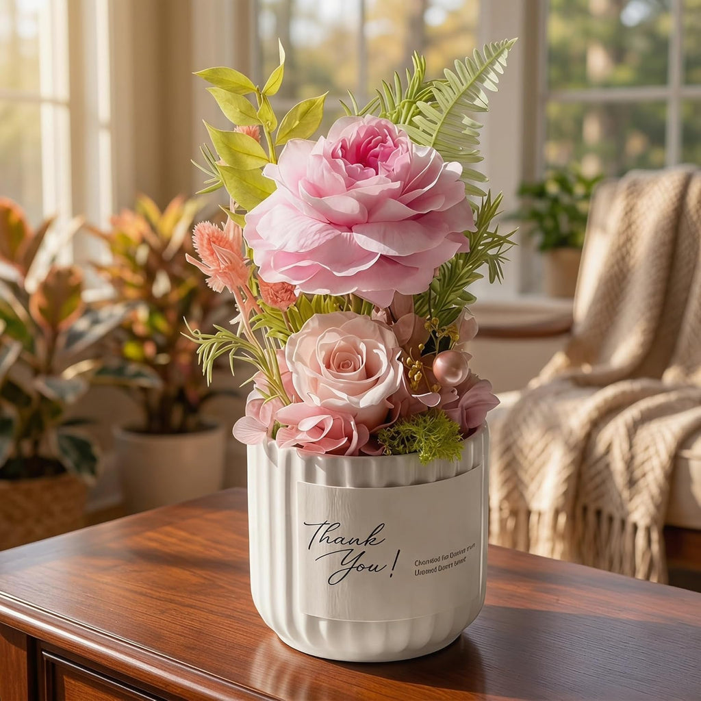 Preserved Real Pink Roses in Ceramic Vase, 7.8" H x 2.6" W, Hand-Arranged, Lasts 1-3 Years, No Water, Home Decor, Birthday Gift for Mom or Wife
