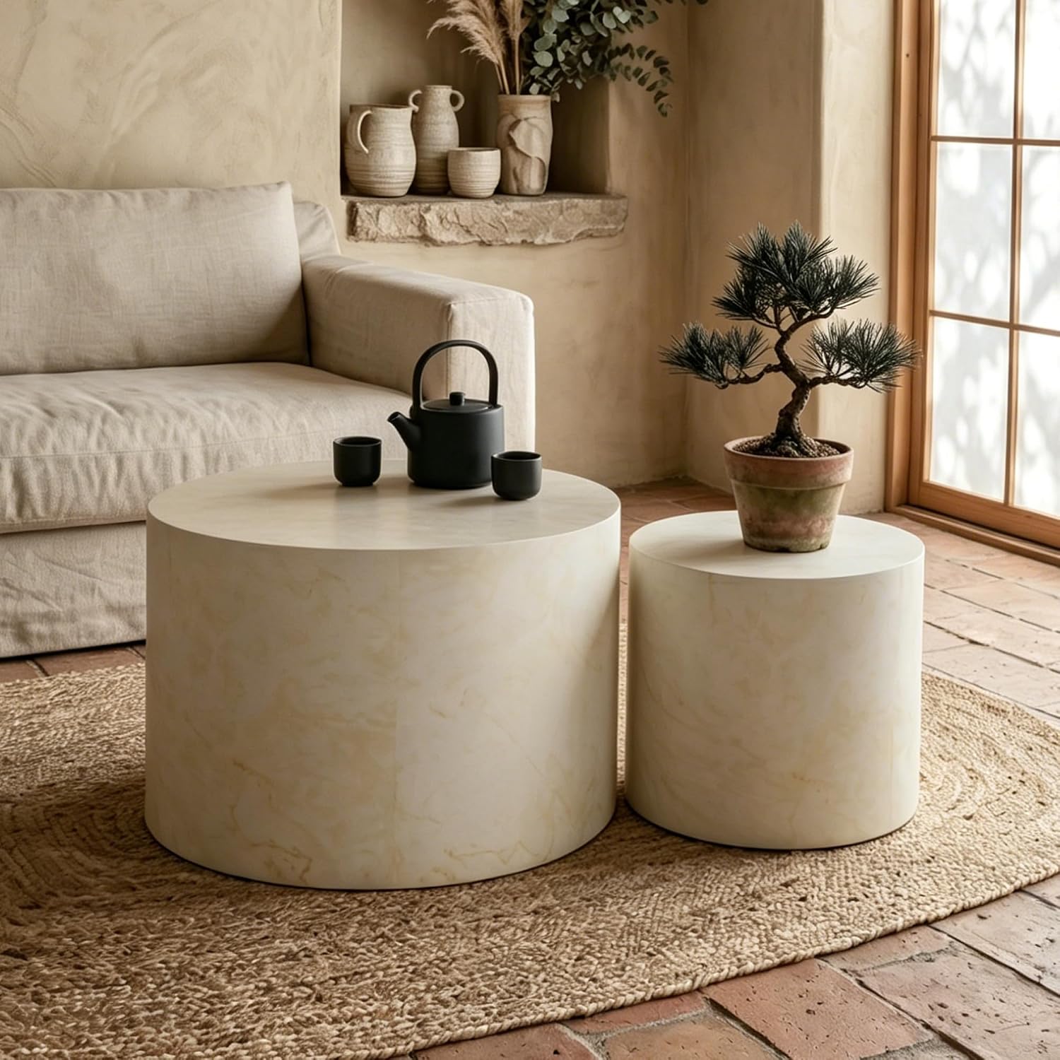 Nesting Round Coffee Table Set of 2, Accent End Table for Small Spaces, Morden Drum Side Table, Wooden Circle Center Table for Living Room, Fully Assembled - Faux Marble