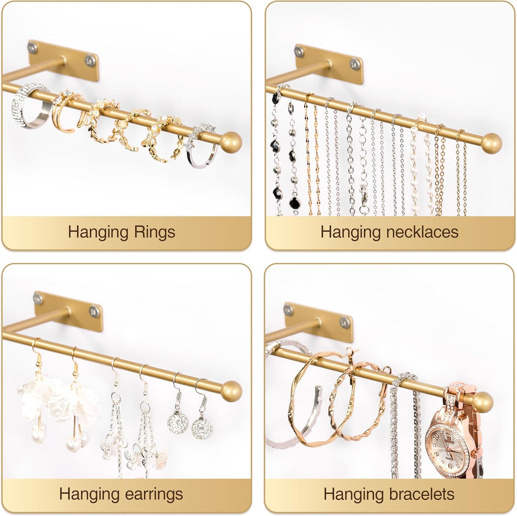 Wall Hanging Jewelry Organizer: 12.6'' Necklace Holder for Earring, Bracelet, Rings, Hairband, Glasses, Gold 4-Pack, Screws Included