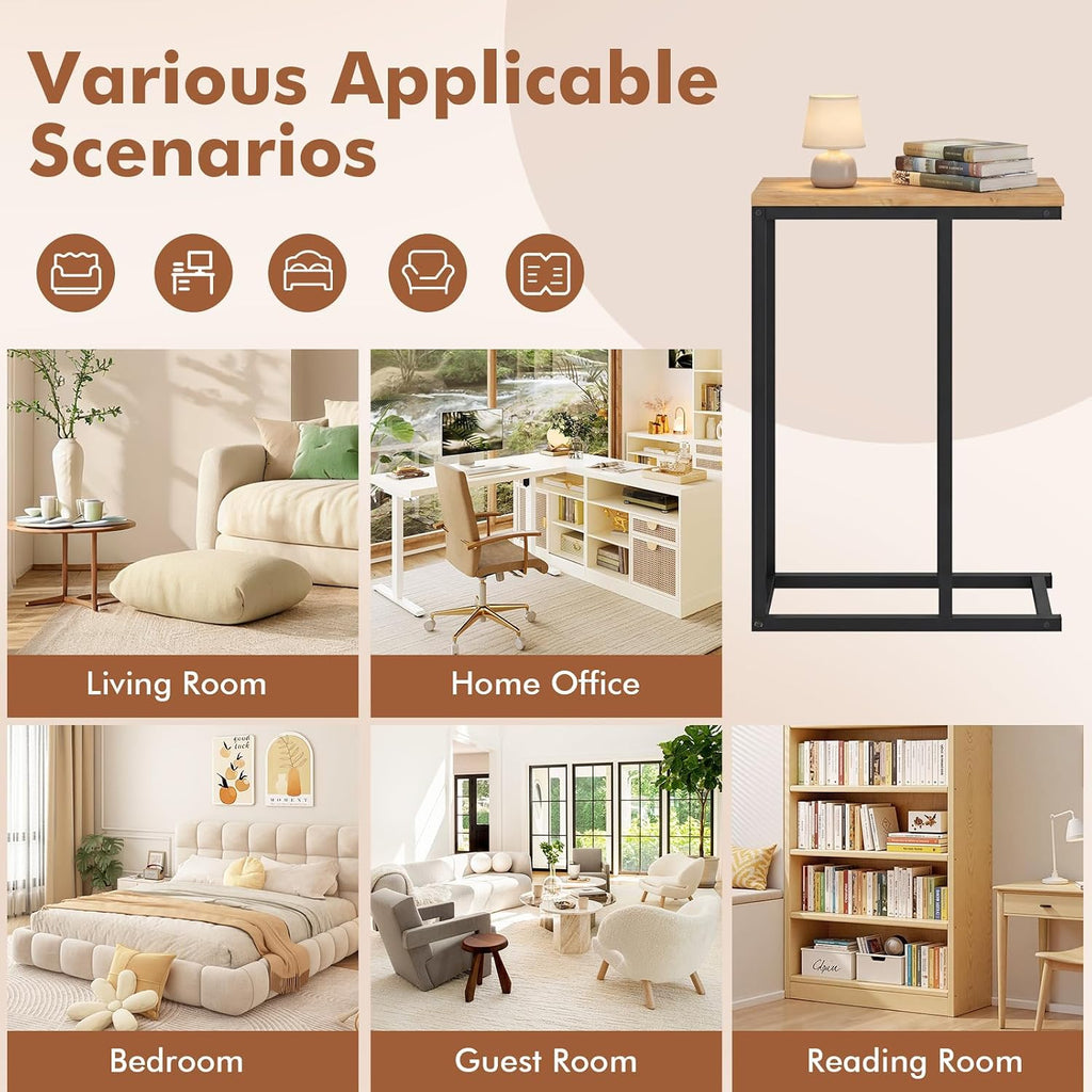 Giantex C-Shaped End Table, Set of 2 Small Sofa Couch Side Table that Slide Under with Metal Frame & Spacious Tabletop, Bedside Laptop TV Tray for Living Room Bedroom Small Spaces (Natural)