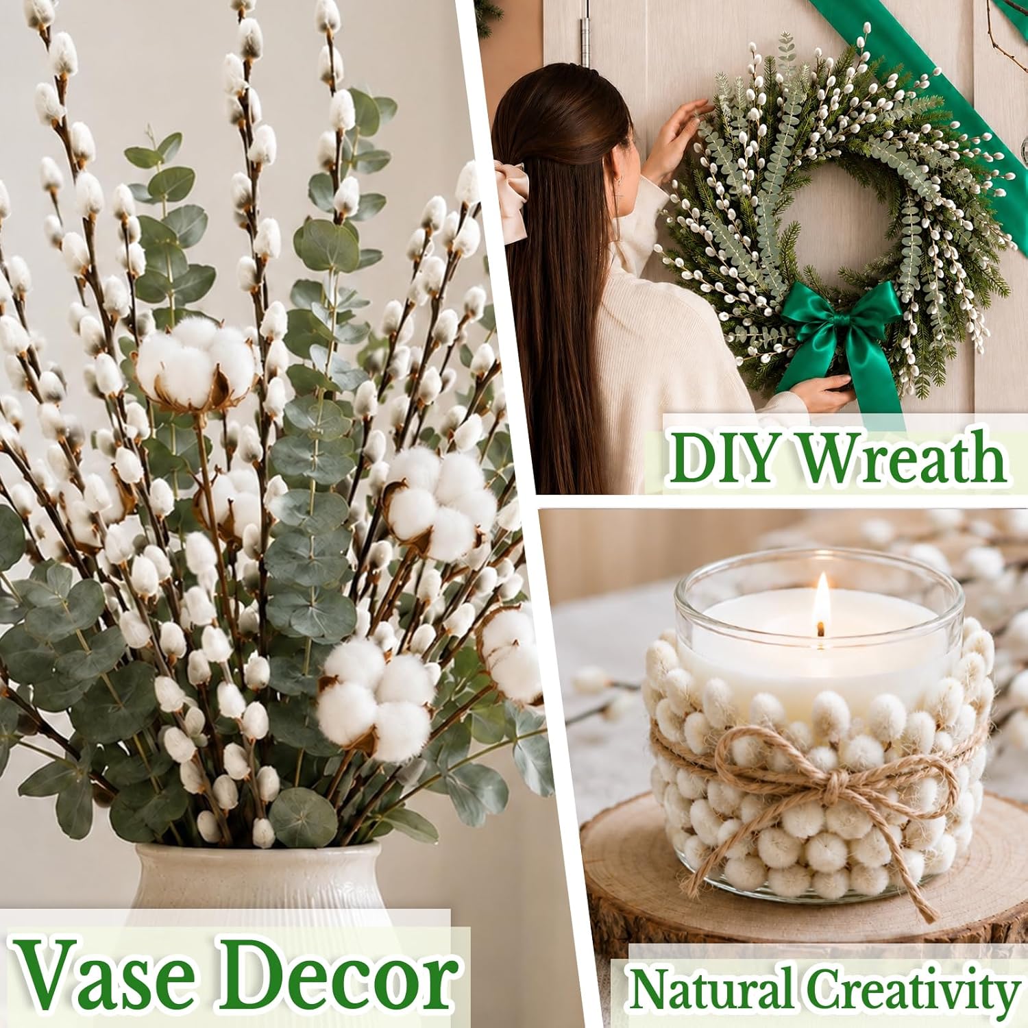 25 Stems Natural Dried Pussywillow Branches for Vases Decor, 15''-17'' Real Preserved Pussywillows with White Snow Willow Branches for Home Decor Wedding Party DIY Floral, Fireplace &Yard Decor
