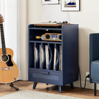 LIKIMIO Record Player Stand with Power Outlets, 1 Drawer & Vinyl Storage up to 150 Albums, Wooden Turntable Stand for Files/Book/LP, Mid-Century Modern Media Cabinet for Small Spaces, Blue
