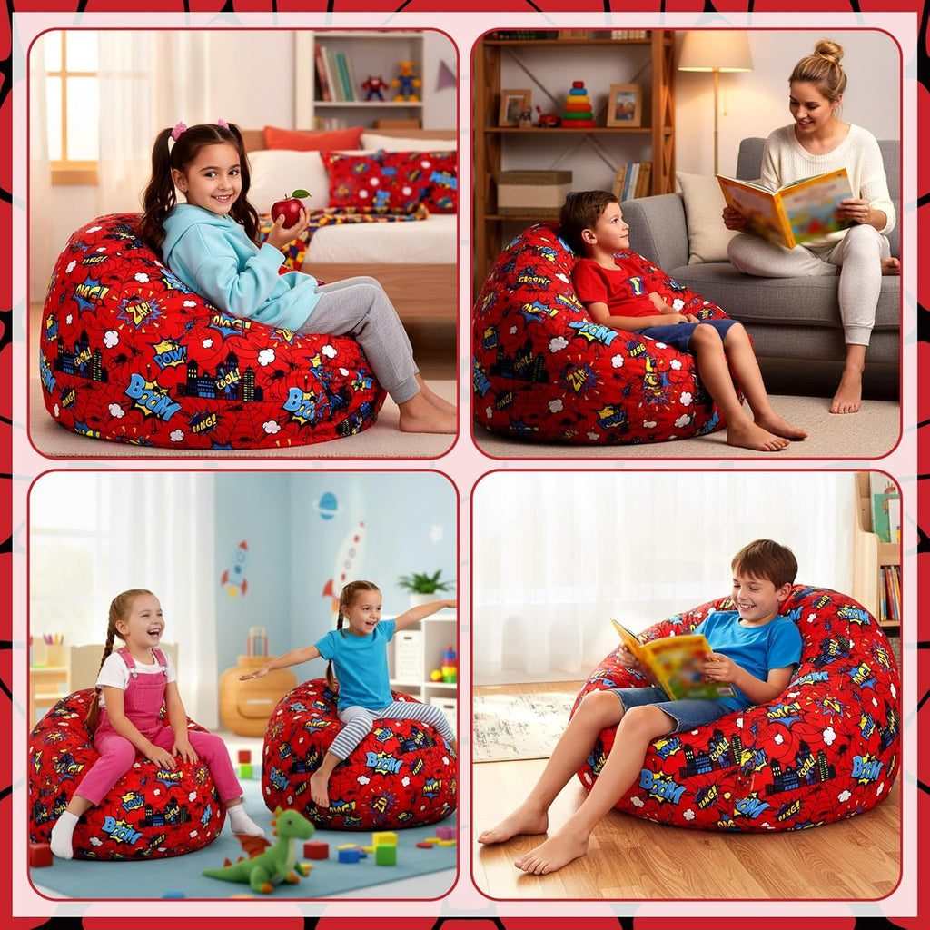 Boao 30'' Large Spider Kids Bean Bag Chairs Cover (No Filling) Washable Stuffed Animal Storage Beanbag Chair for Kids Canvas Bean Bag Cover with Zipper for Boys Organizing Plush Toys Textile Sack