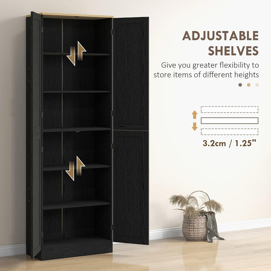 4-Door Bohemian Freestanding Kitchen Pantry Cabinet with Complete Adjustable Shelves, Distressed Black Finish in Vintage Design