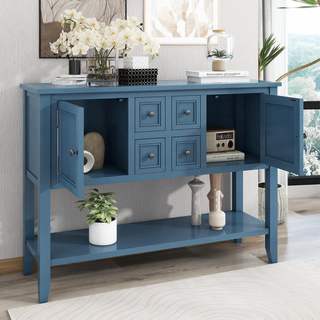 P PURLOVE Console Table Buffet Sideboard Sofa Table with Drawers Cabinets and Bottom Shelf (Light Navy)