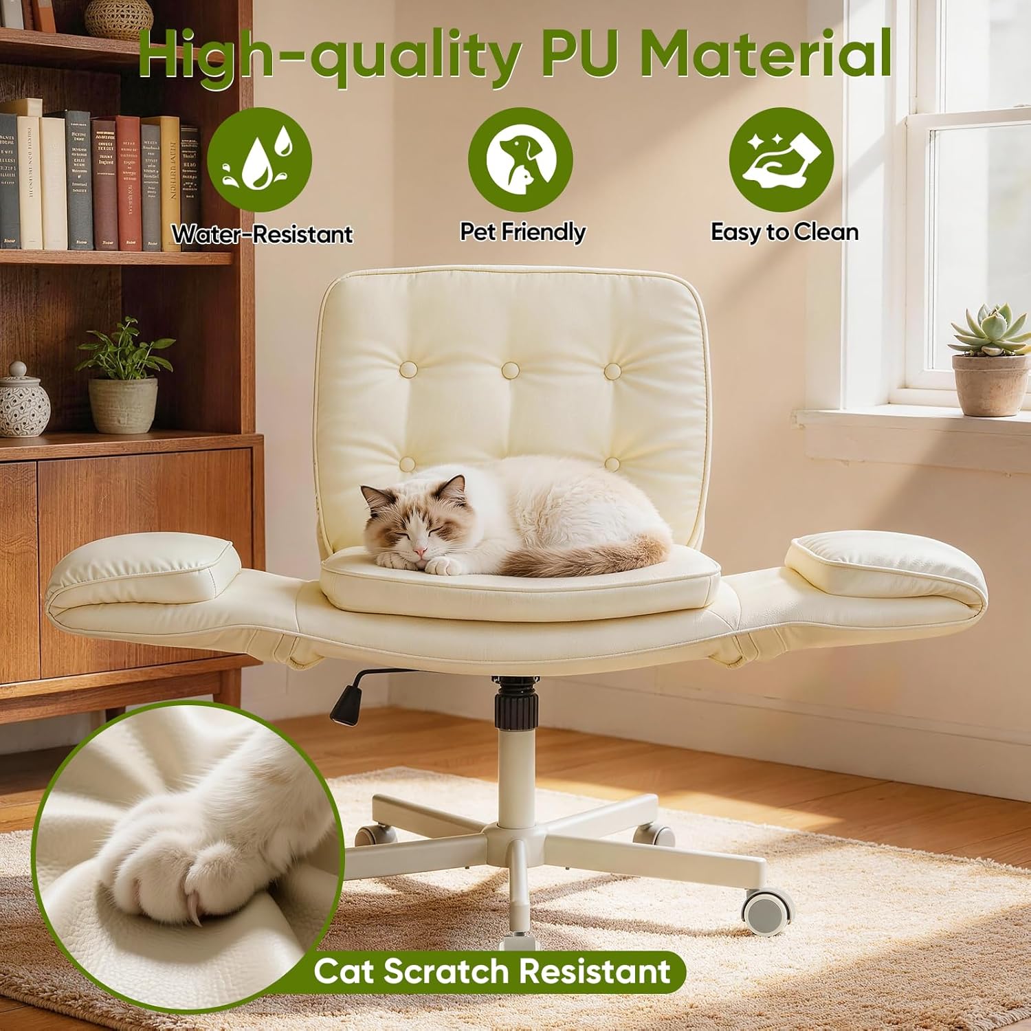 Criss Cross Chair with Wheels & Armrests, Scratch-Resistant PU Leather Vanity Chair, Comfy Wide Height Adjustable Computer Office Desk Chair for Home Office, Make Up, Bedroom (Cream)