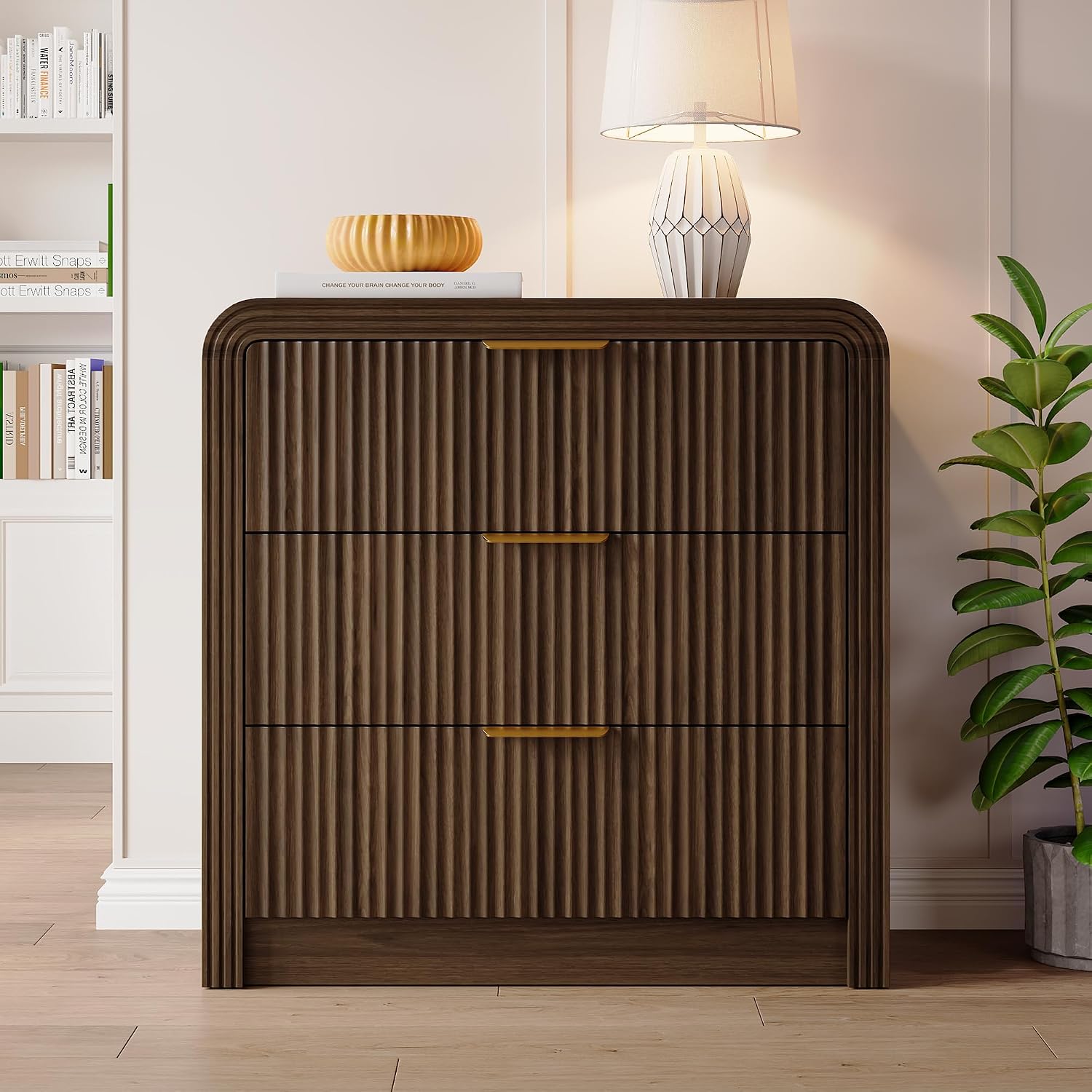 31.5" Wide Oversized Fluted Nightstand, Curved Profile Design, Modern Beside Table with 3 Large Storage Drawers, End Table for Bedroom (Walnut) | Modern Beside Table with Curved Profile Design, End Table for Bedroom