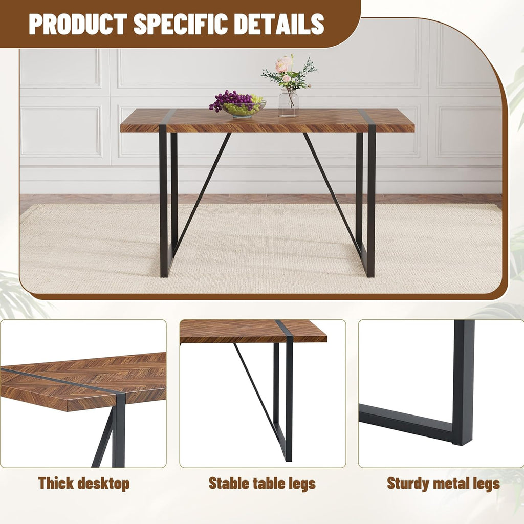 FURNITO 55" Dining Room Table Set for 4, Mid Century Modern Dining Table Set with Upholstered Chairs, Rustic Dark Wood Kitchen Table and Chairs Set for Living Room, Space-Saving & Easy Assembly