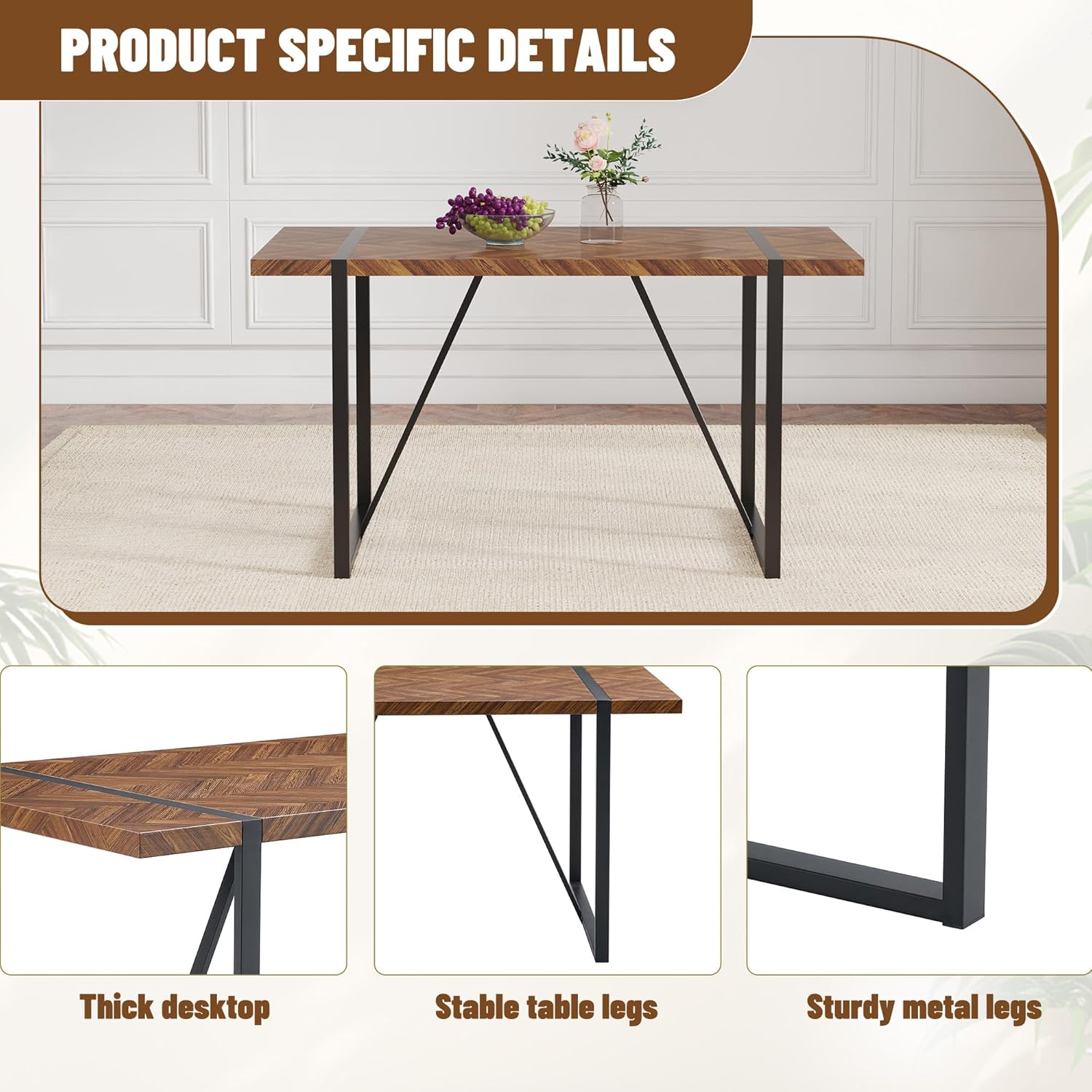 FURNITO 55" Dining Room Table Set for 4, Mid Century Modern Dining Table Set with Upholstered Chairs, Rustic Dark Wood Kitchen Table and Chairs Set for Living Room, Space-Saving & Easy Assembly
