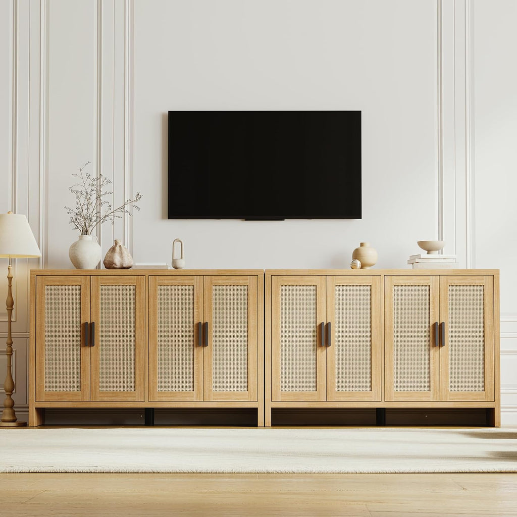 Mericonia Rattan Buffet Cabinet with Storage, Sideboard Cabinet with Doors and Adjustable Shelves, Farmhouse Coffee Bar Station Table, Modern Wood Cupboard for Kitchen, Livingroom and Dining Room