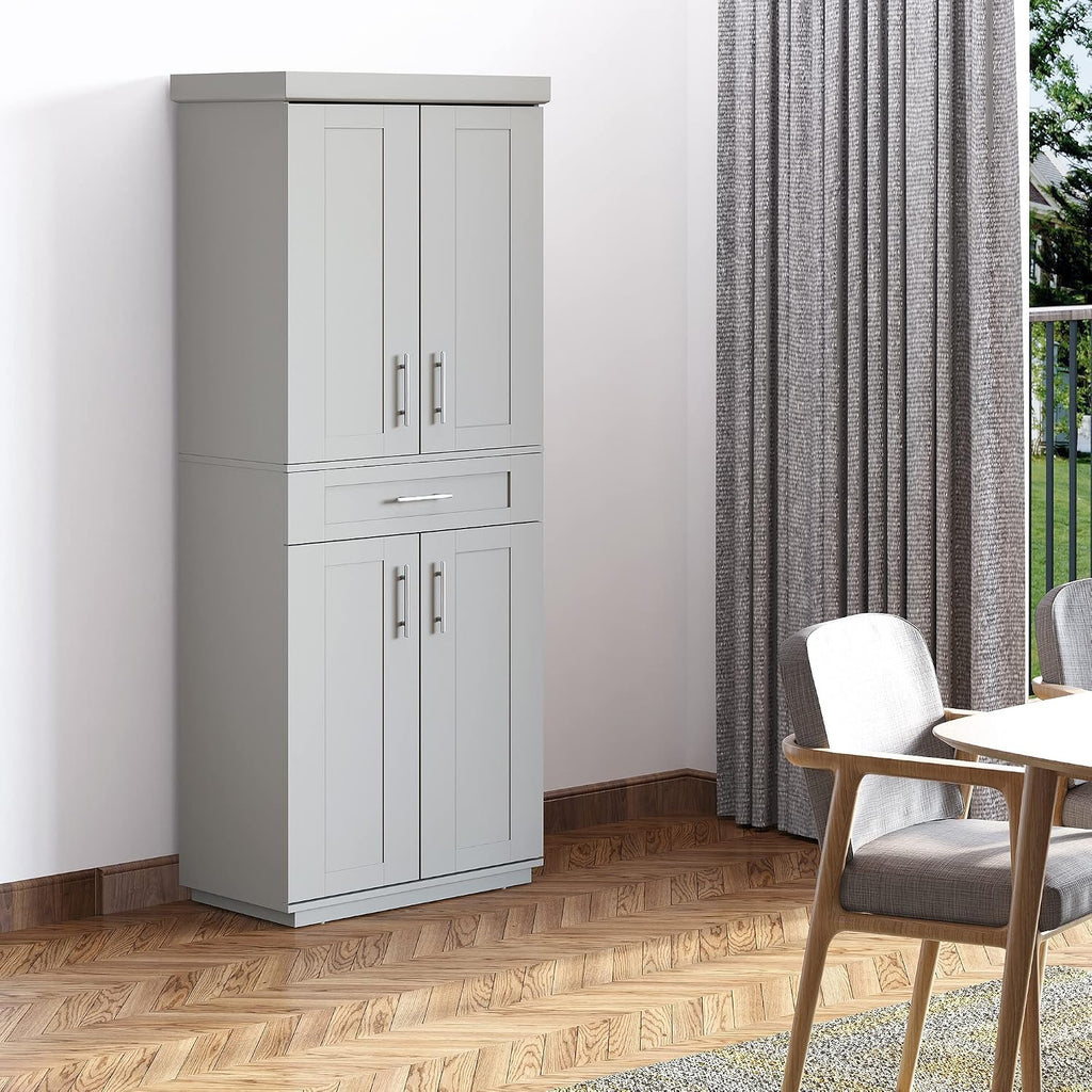 Modern Kitchen Pantry Freestanding Cabinet Cupboard with Doors and Drawer, Adjustable Shelving, Grey,15.75 * 30 * 72