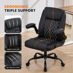 Leather Office Chair, 300lbs Heavy Duty Mid-Back Desk Chairs with Flip-up Armrests, Space-Saving Swivel Task Chair with Wheels, Adjustable Height and Ergonomic Back Support, Black