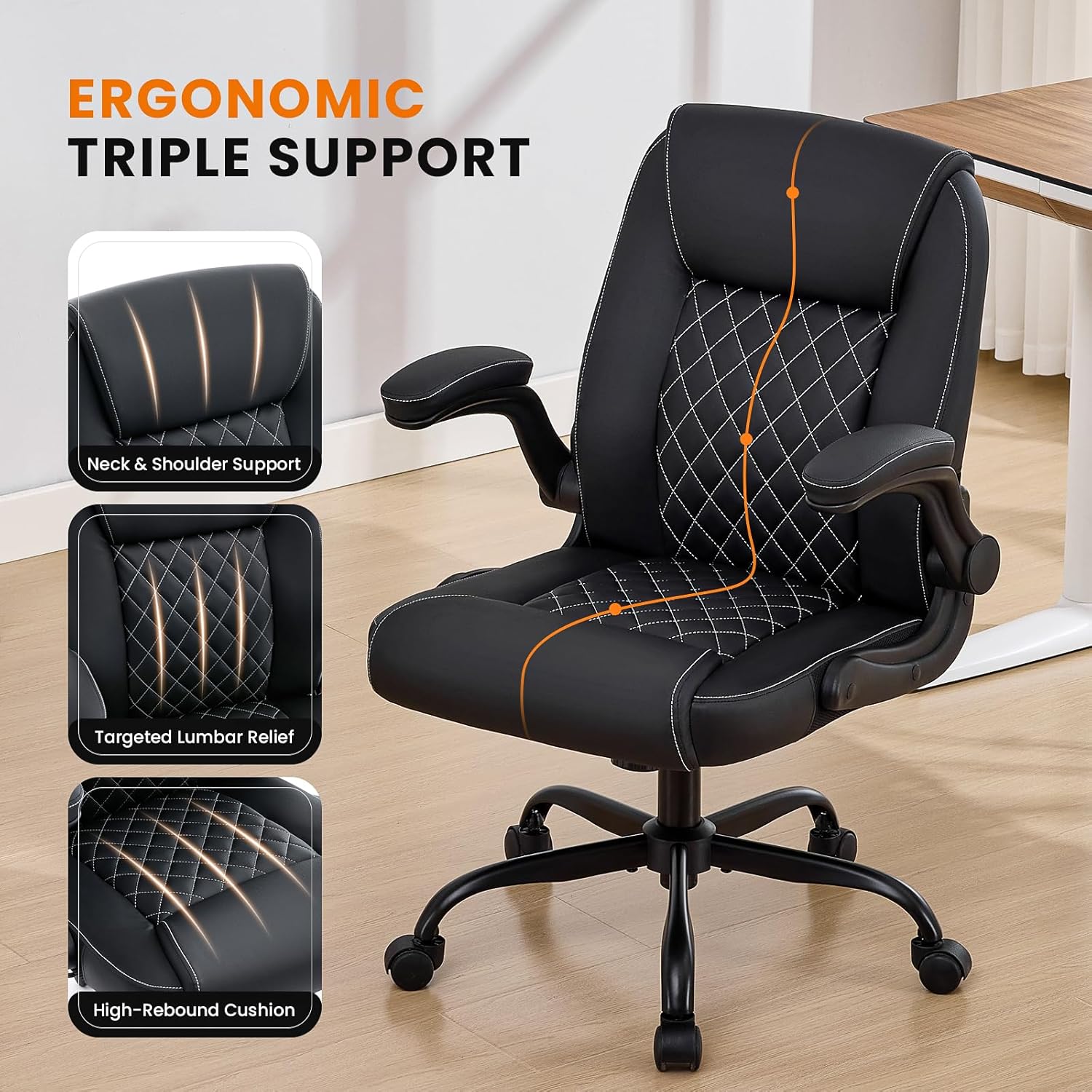 Leather Office Chair, 300lbs Heavy Duty Mid-Back Desk Chairs with Flip-up Armrests, Space-Saving Swivel Task Chair with Wheels, Adjustable Height and Ergonomic Back Support, Black