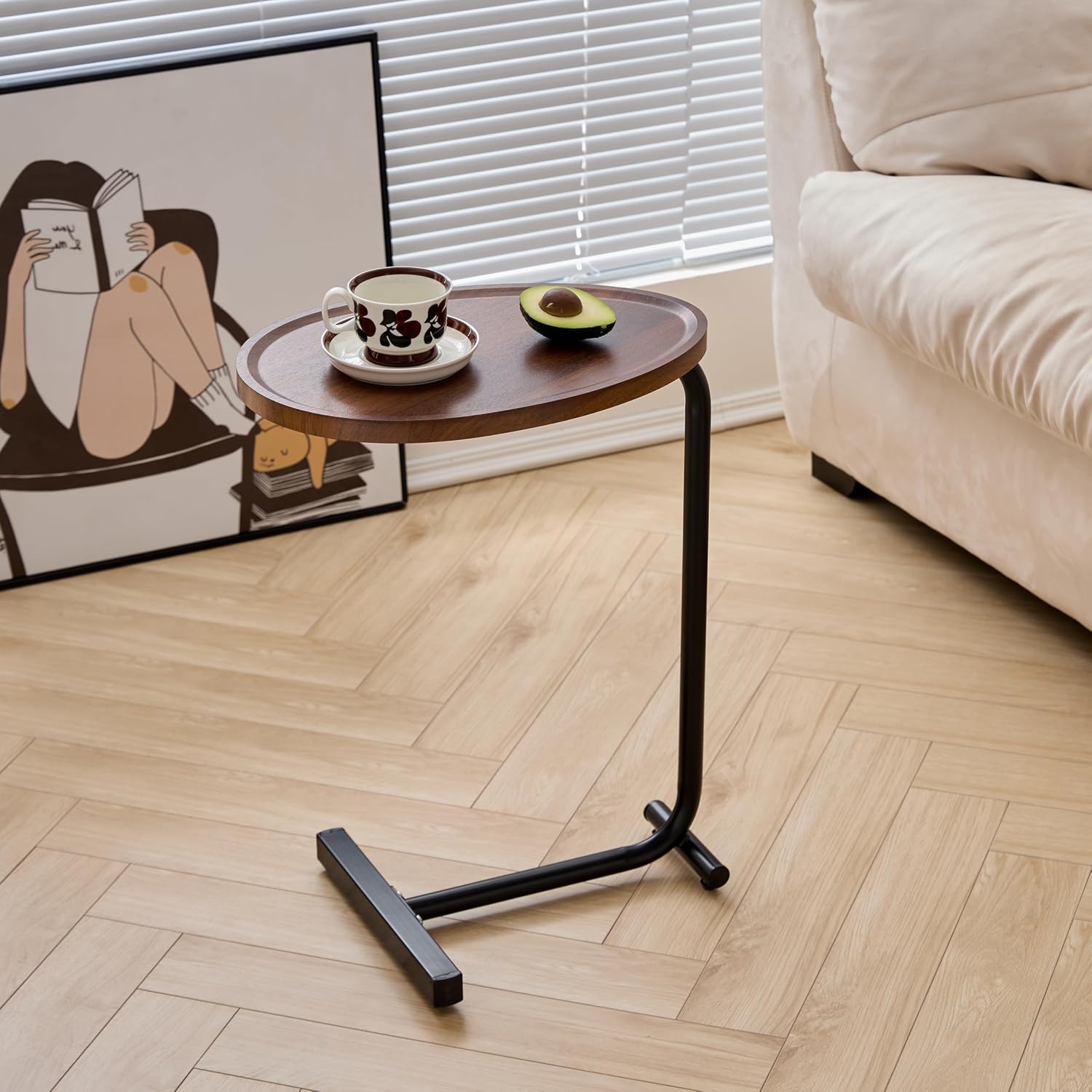 C-Shaped Side Table, Modern Minimalist Wooden Tray End Table, Mobile Snack Table with Wheels for Sofa, Coffee Cup & Fruit Stand