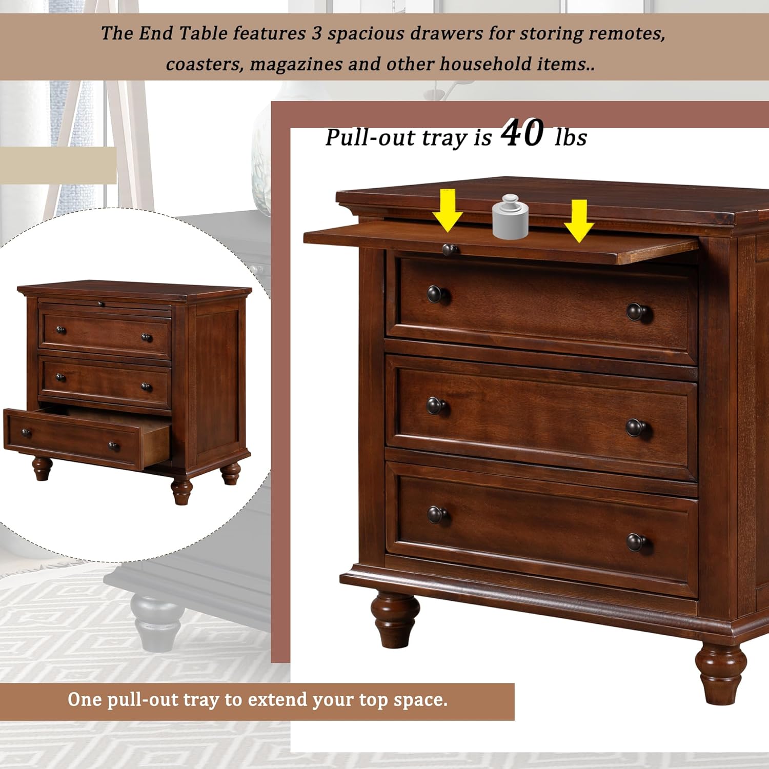 3-Drawer Storage Wood Cabinet, End Table Set of Two with Pull Out Tray,Nightstand with 4 Round Wood Legs,for Bedroom LivingRoom Office Study (Brown@3)