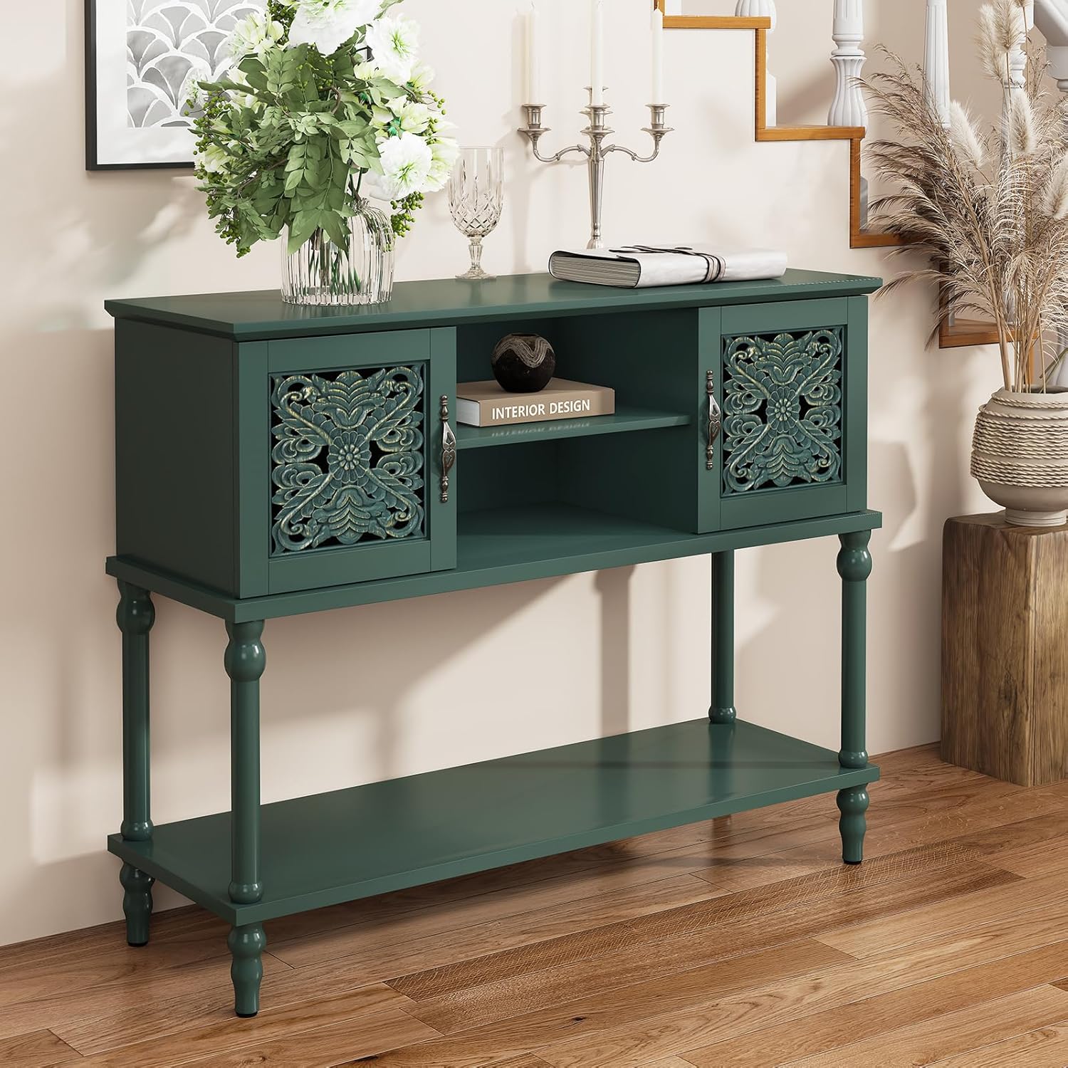 ARTPOWER Vintage Console Table with Hand-Carved Doors, 42" Narrow Entryway Table with Storage, Retro Sofa Table with Open Storage Shelf, Console Tables for Entryway, Hallway, Foyer, Living Room, Green