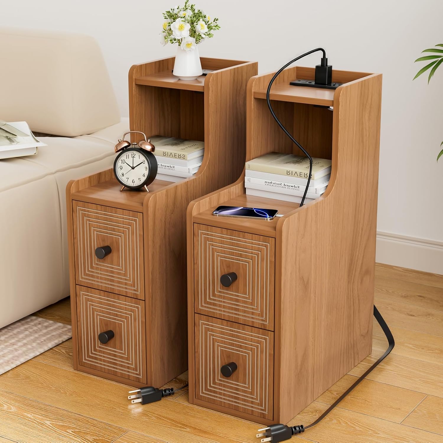 Set of 2 Narrow End Table with Charging Station, Wooden Slim Side Table with Storage, Mid Century Modern Nightstand with Drawers for Living Room, Walnut