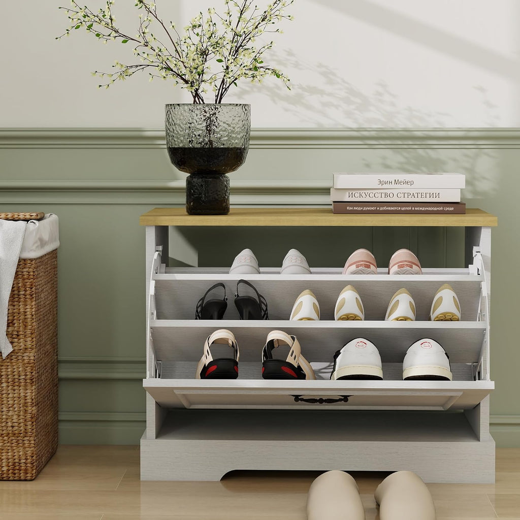 RASOO Flip Drawer Shoe Cabinet for Kids, 3-Tier Shoe Organizer Storage Cabinet with 2 Adjustable Shelves, Space-Saving Hidden Shoe Rack Bench for Entryway Hallway