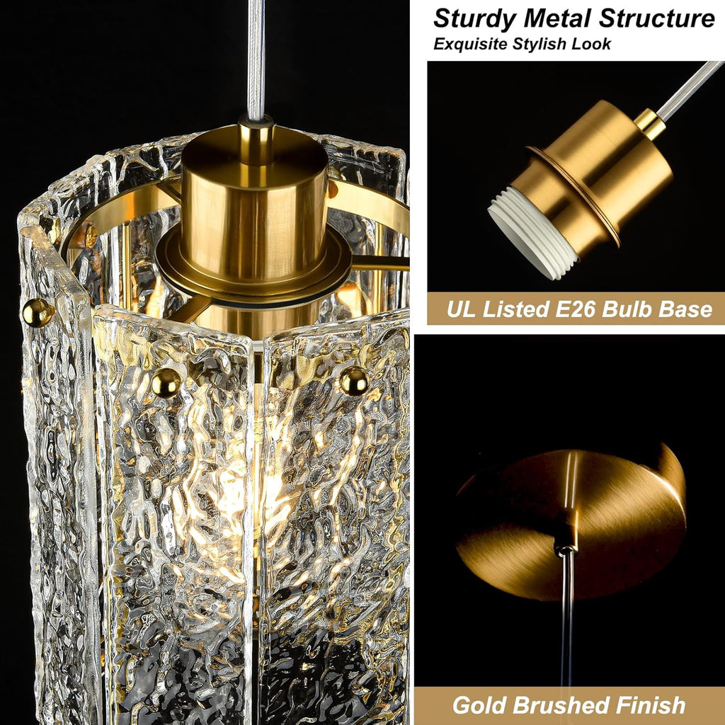Gold Pendant Lights Kitchen Island 1 Pack Modern Water Ripple Glass Pendant Lights Mini Chandelier Adjustable Hanging Pendant Lighting for Kitchen Island Dining Room Over Sink Table Entryway