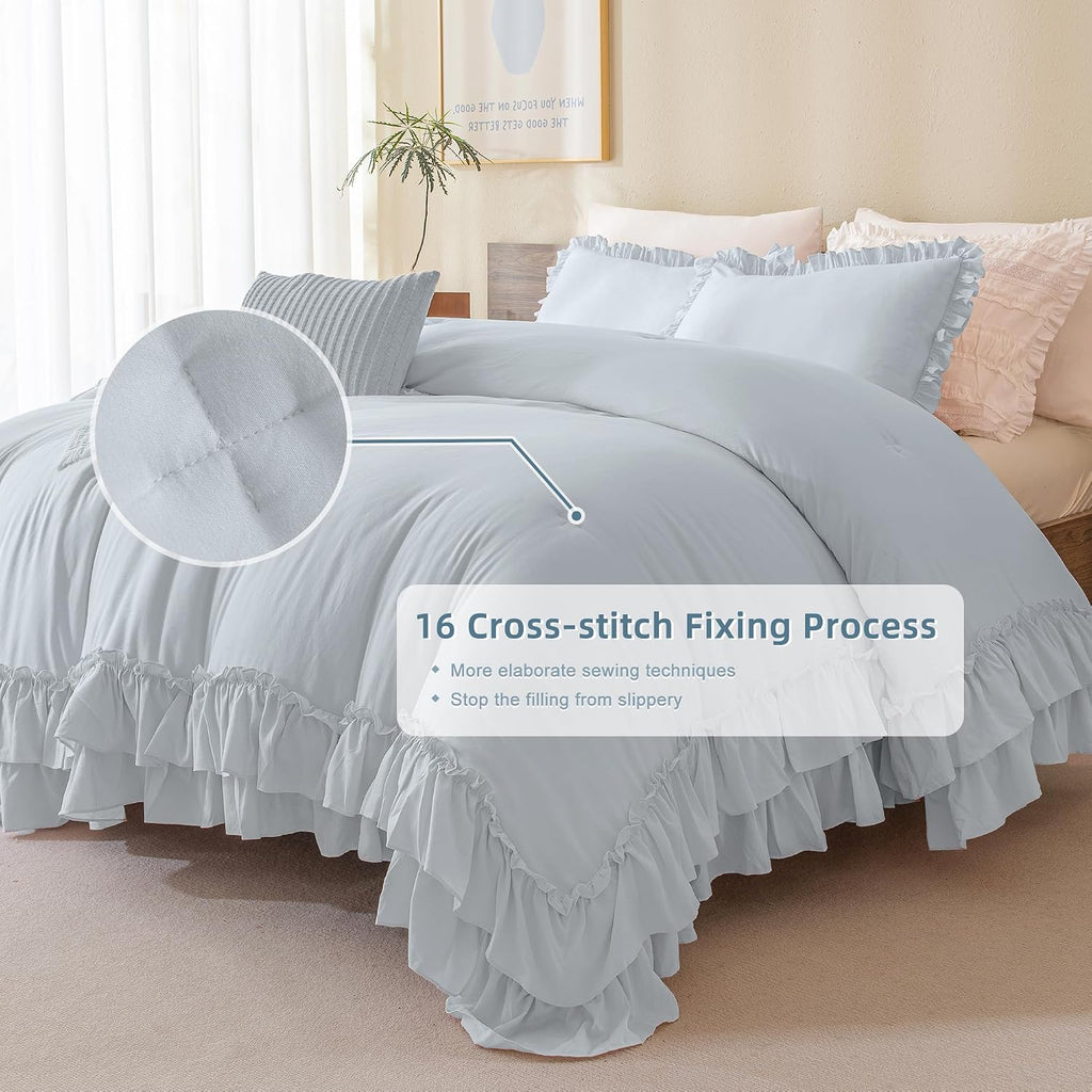 Queen's House Light Blue Ruffled Comforter Set Queen Size, Lightweight Microfiber Inner Fill Fluffy Country Rustic Coquette Bedding