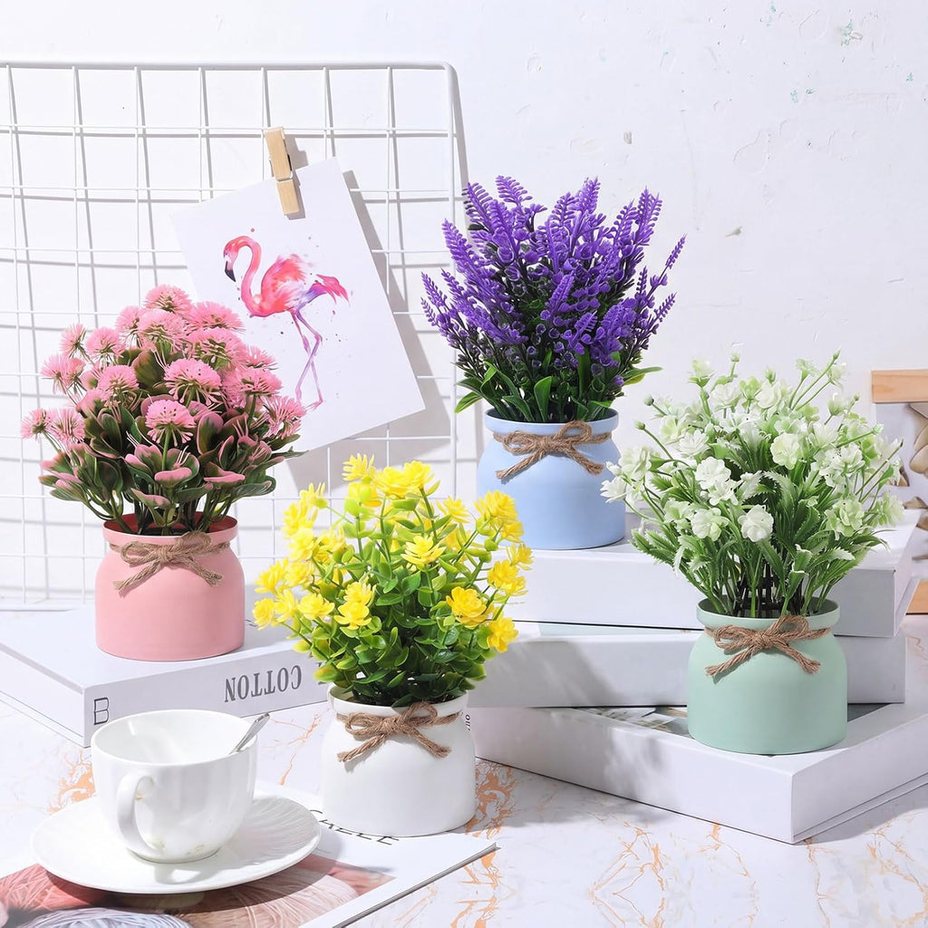 Cindeer Large Artificial Potted Flowers Fake Potted Plants Plastic Faux Flowers for Home Decor Indoor Artificial Plants in Pots for Wedding Home Desk Tabletop Outdoor Office Kitchen (4 Pcs,Rustic)