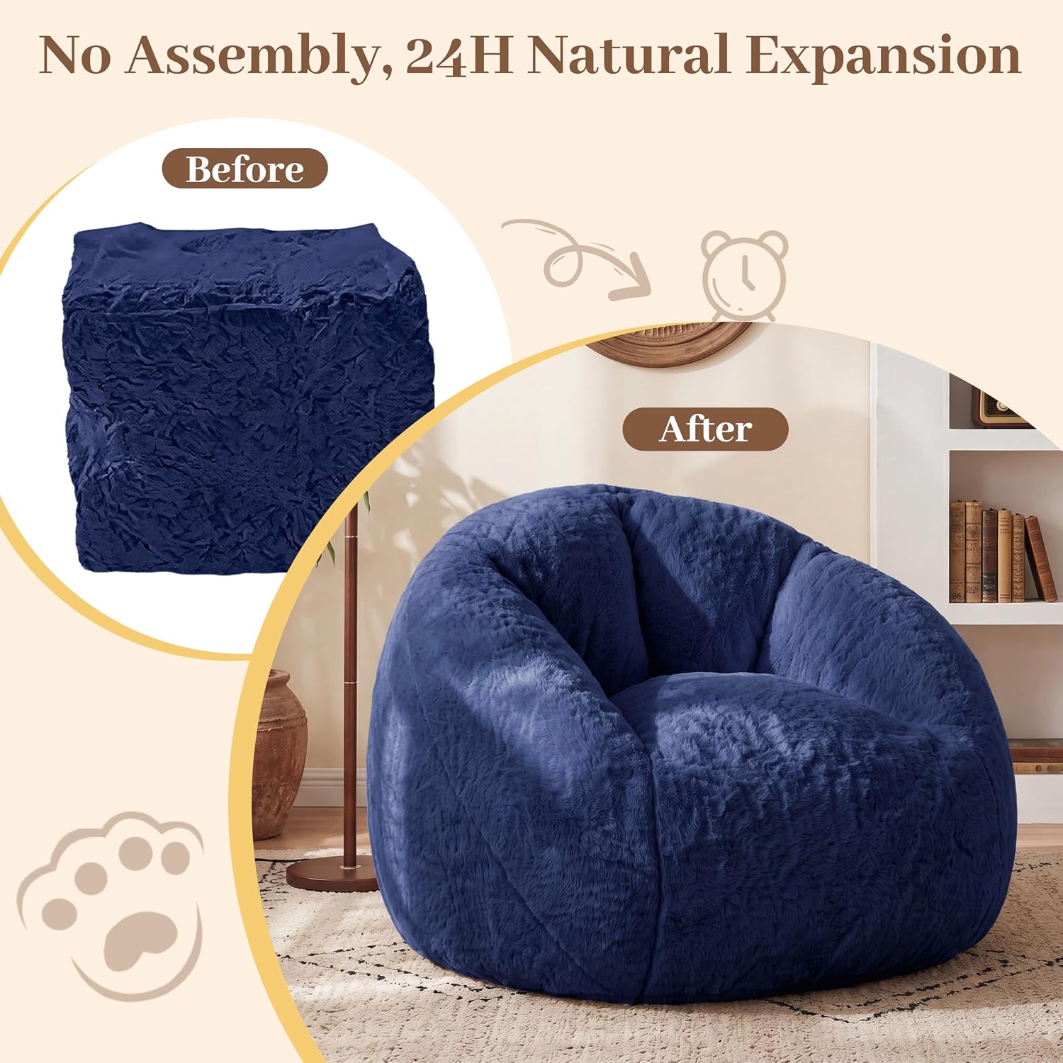 Big Bean Bag Chairs for Adults, Comfy Faux Fur Giant Bean Bag Chair | Fluffy Bean Bags with Back Support & Foam Filled, Reading Beanbag Chair for Living Room Bedroom, Apartment, Dark Blue