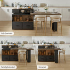 kitchen island with extendable table & 360° Swivel Tabletop, Rolling Kitchen Island Cart with Storage & Seating 4, Mobile Kitchen Island Table with Cabinet, Drawers & Shelves, Black Brown Wood
