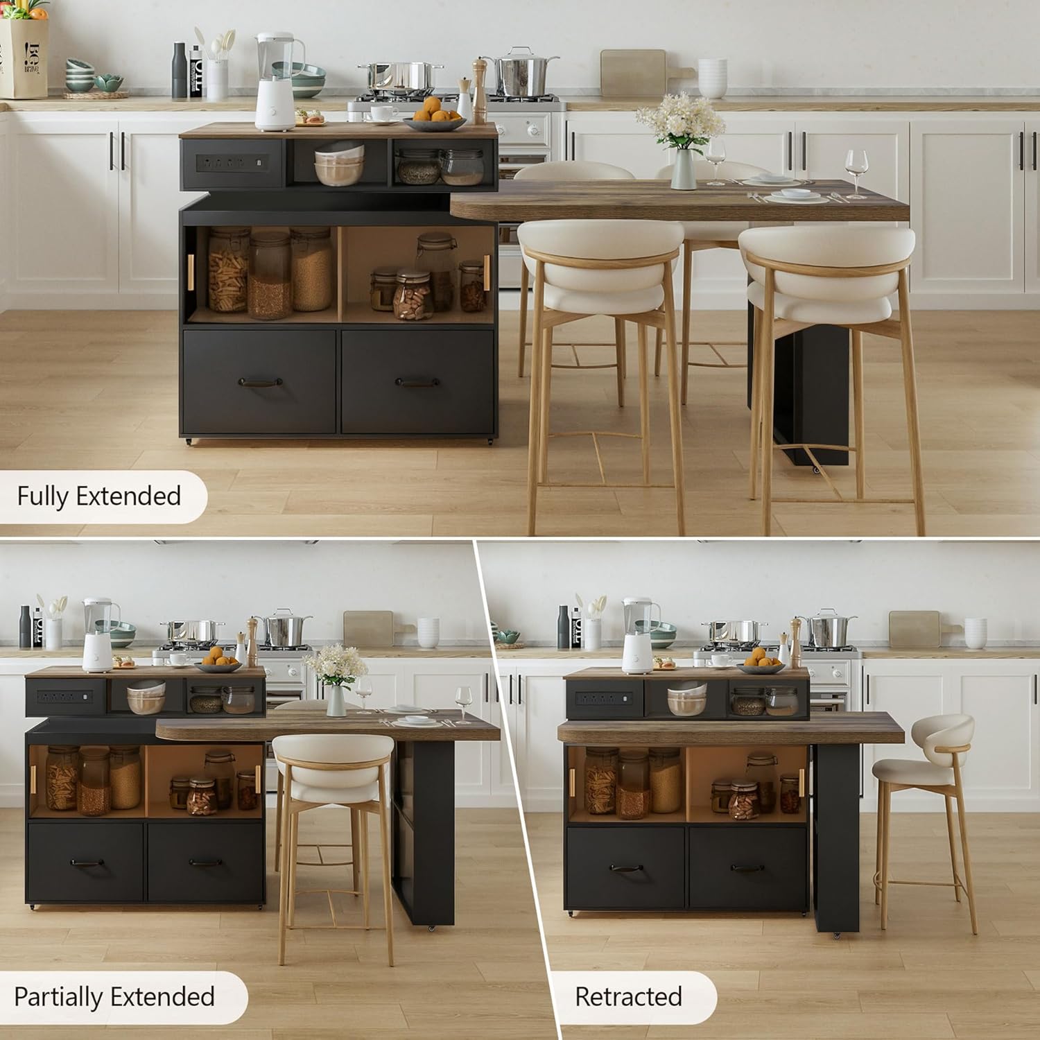 kitchen island with extendable table & 360° Swivel Tabletop, Rolling Kitchen Island Cart with Storage & Seating 4, Mobile Kitchen Island Table with Cabinet, Drawers & Shelves, Black Brown Wood