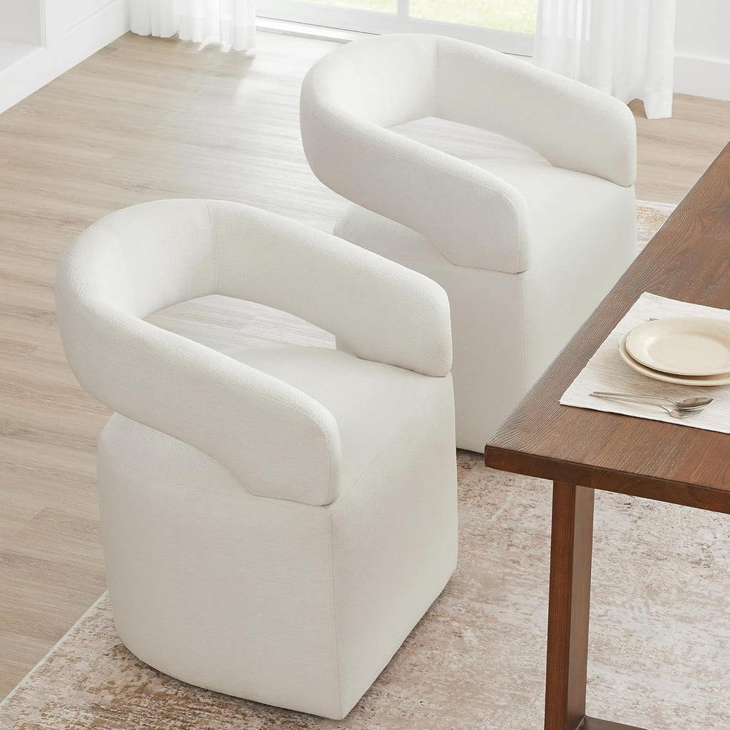 KISLOT Upholstered Dining Chairs Set of 1, Modern Rolling Dining Chairs with Hidden Casters, Arm Kitchen Chairs with Linen Look Fabric, Padded Barrel Chairs for Dining Room, Kitchen, Bedroom, Ivory
