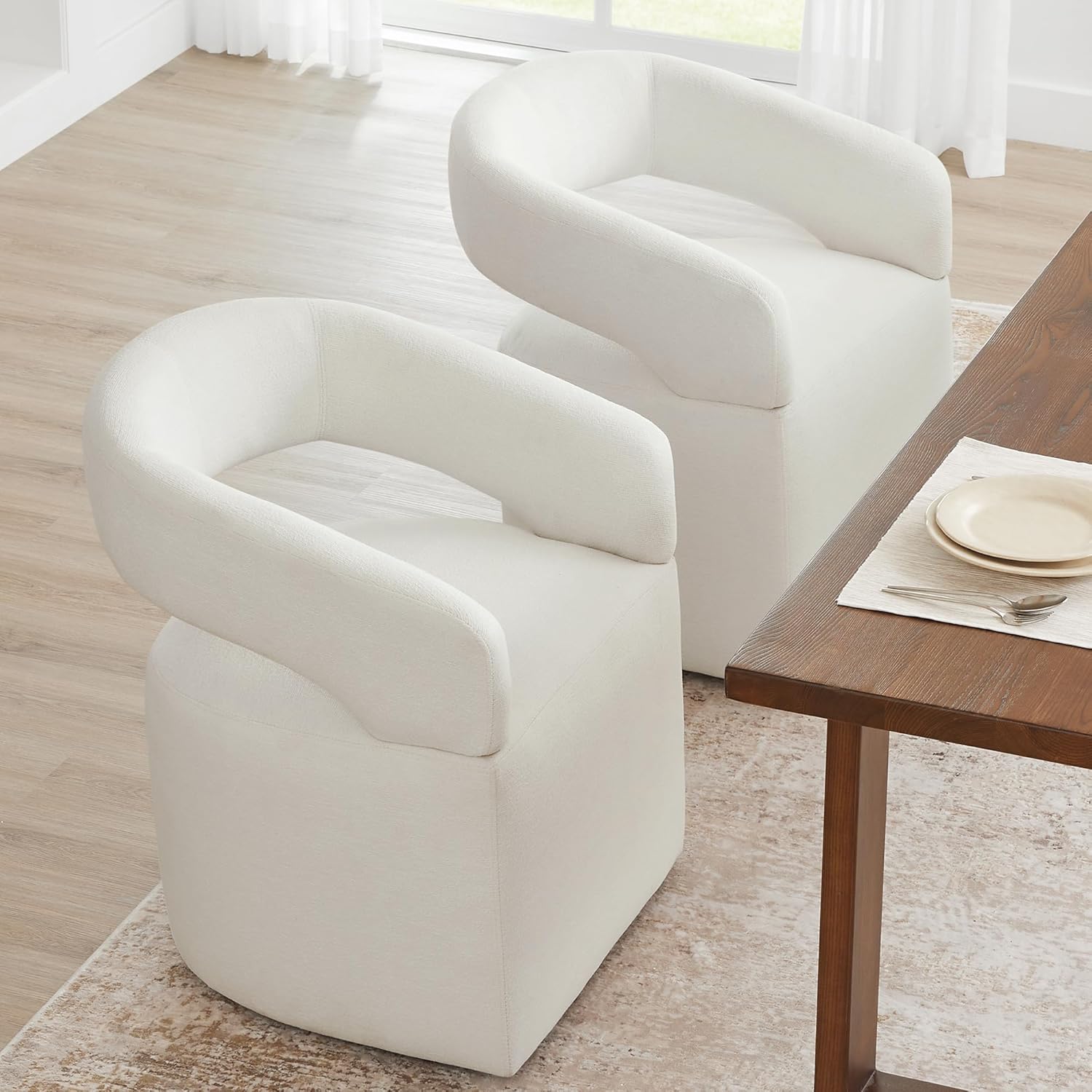 KISLOT Upholstered Dining Chairs Set of 1, Modern Rolling Dining Chairs with Hidden Casters, Arm Kitchen Chairs with Linen Look Fabric, Padded Barrel Chairs for Dining Room, Kitchen, Bedroom, Ivory