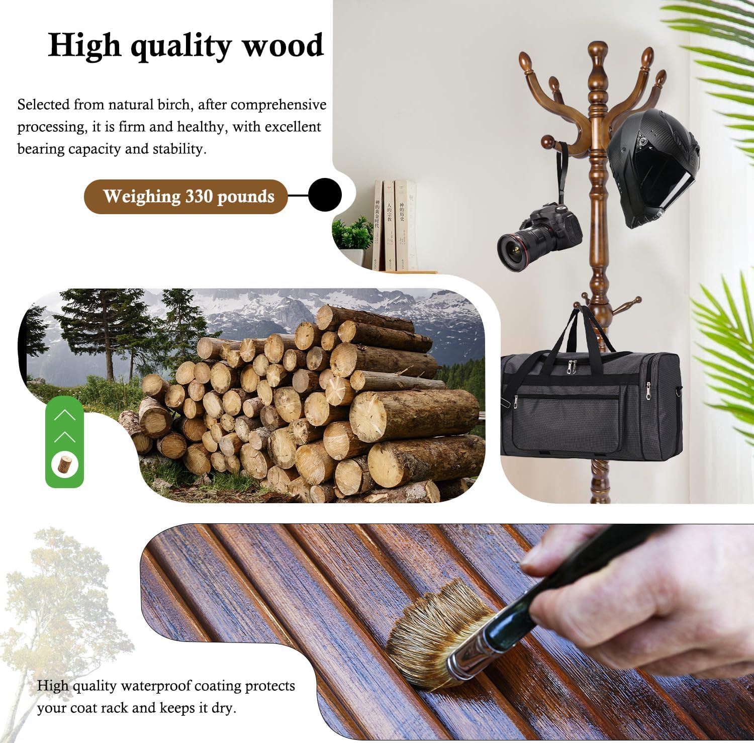 Wioao Coat Rack Stand, Solid Wooden Coat Tree with 11 Hooks, Heavy Duty Coat Rack Freestanding with Sturdy Round Base, Natural Birch Wood Coat Hanger Stand for Entryway Bedroom (brown circular)