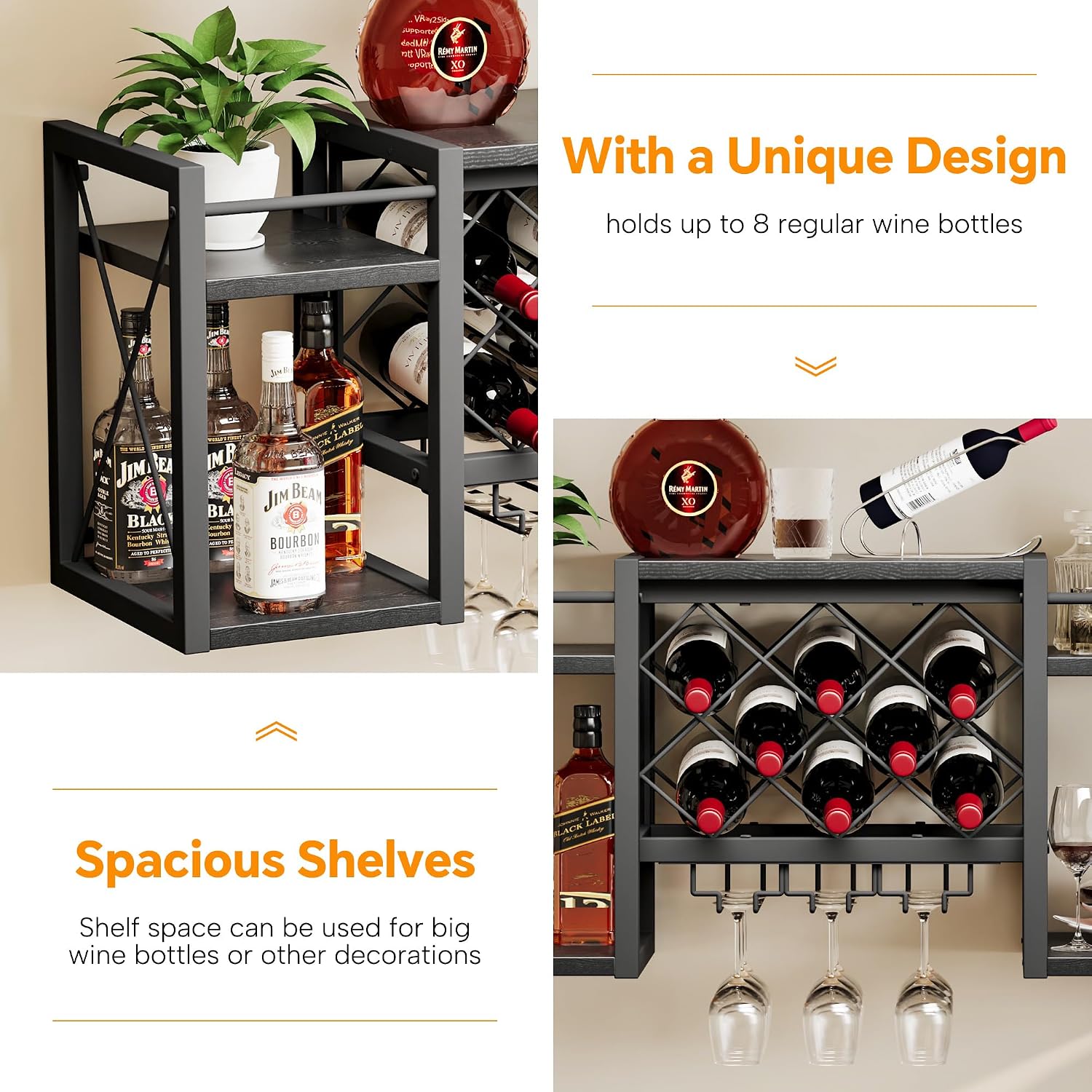 Wall Mounted Wine Rack with Glass Holder, Wood-Metal Retro Bar Shelf, Wine Bottles Display Wall Storage for Kitchen Dining Room Home Bar, Black