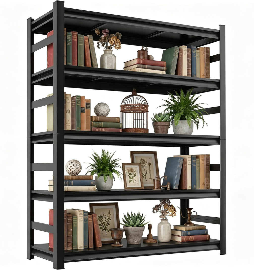 5 Tier Metal Bookshelf with Anti-Drop Fence, 72" H Adjustable Tall Bookcase, Heavy Duty 3000 LBS Modern Deep Book Shelf, Bolt-Free Storage Shelves for Living Room, Home Office, Garage