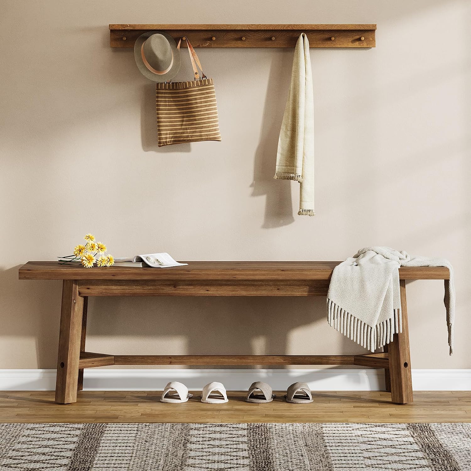 55" Solid Wood Bench, Farmhouse Long Bench Seat for Entryway, Dining Room, Living Room, Solid Wood, Dark Brown