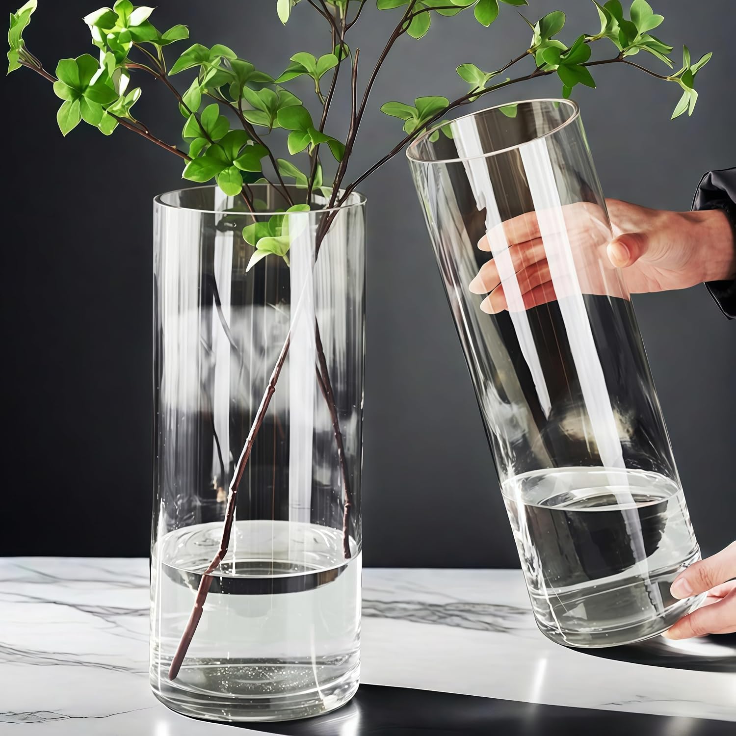 Tall Modern Clear Acrylic Cylinder Flower Vase 4x12 Inch Set of 2 | High Transparency, Unbreakable, Lightweight, Easy To Clean, for Arrangement, Home Decor, Wedding Centerpiece