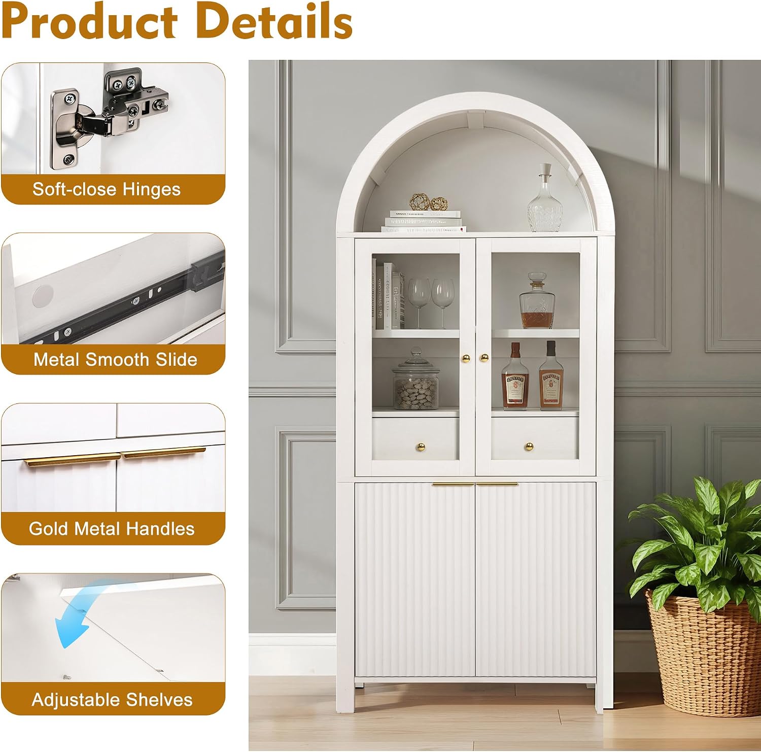 roomfitters 71" Tall Arched Pantry Cabinet with Fluted Glass Doors & Hidden Drawer, 4-Door Display Cupboard, White