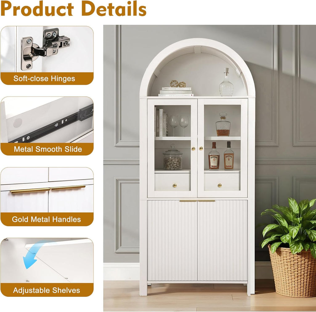 Fluted Tall Arched Pantry Cabinet with Adjustable Shelves & Hidden Drawer - Glass Door Storage for Kitchen, Living Room, Dining Room - Modern Elegant Display Unit (White)