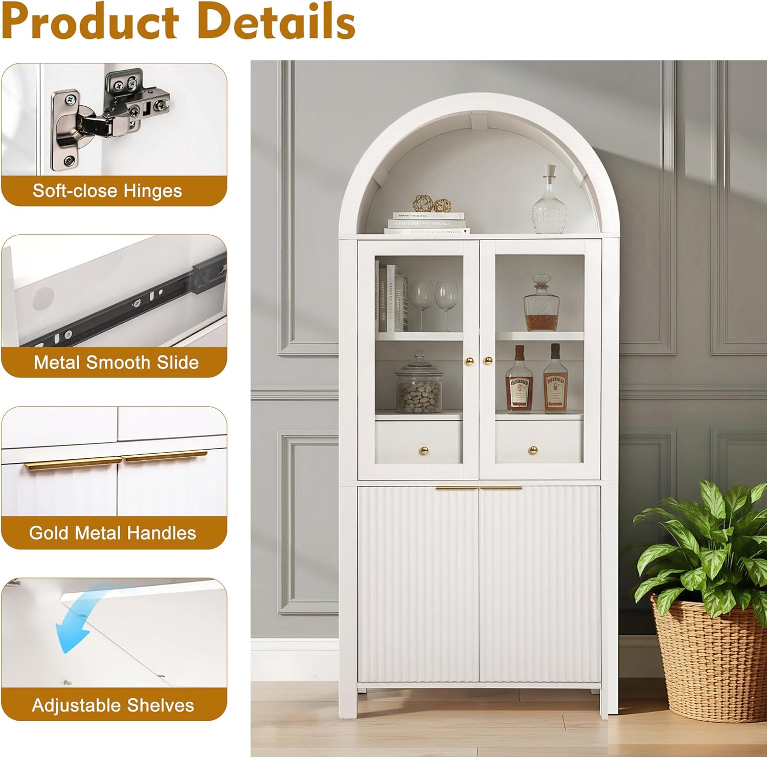 Fluted Tall Arched Pantry Cabinet with Adjustable Shelves & Hidden Drawer - Glass Door Storage for Kitchen, Living Room, Dining Room - Modern Elegant Display Unit (White)