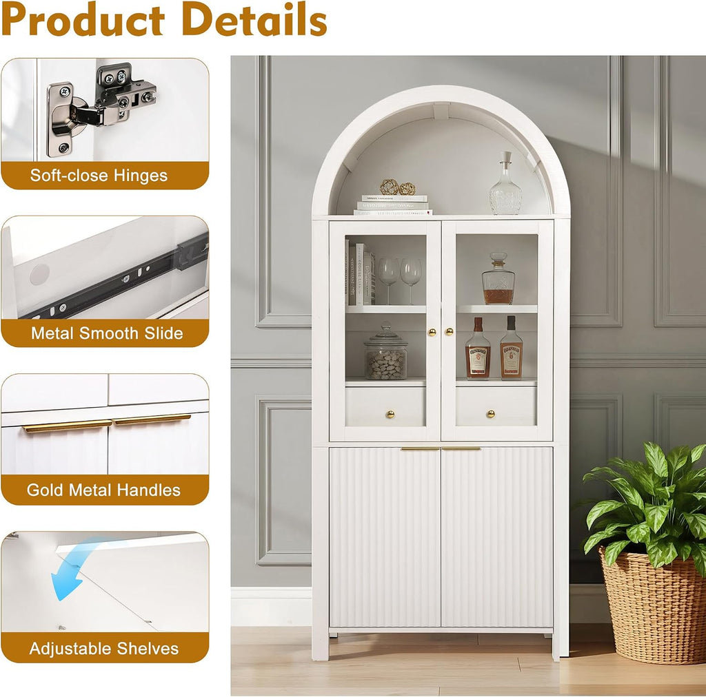 MERITLINE 71" Fluted Arched Pantry Cabinet with Glass Door & Hidden Drawer - Tall Display Storage Cabinet with Adjustable Shelves for Kitchen, Dining Room, Living Room (White)