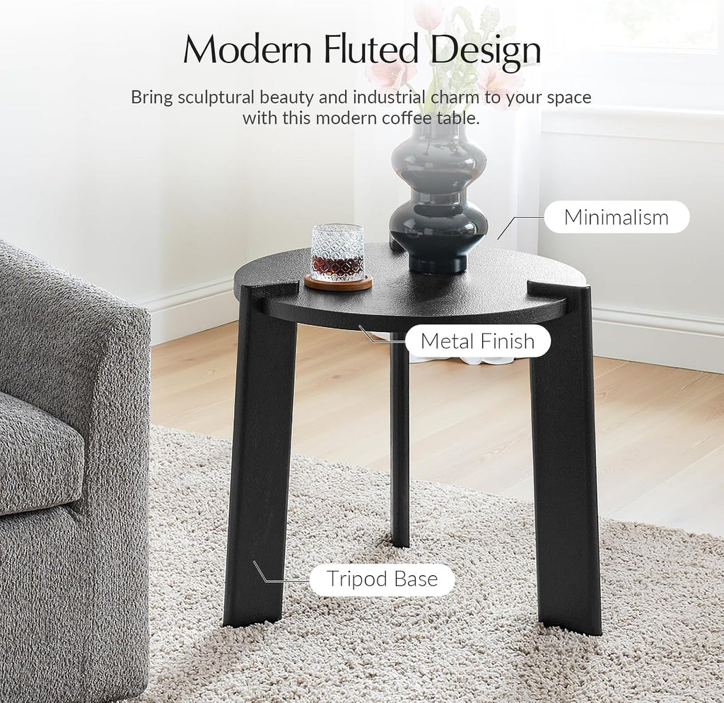 HULALA HOME Round End Table, Wood Fluted Side Table, Modern Accent Table for Living Room, Apartment, Office, Easy Assembly, Black
