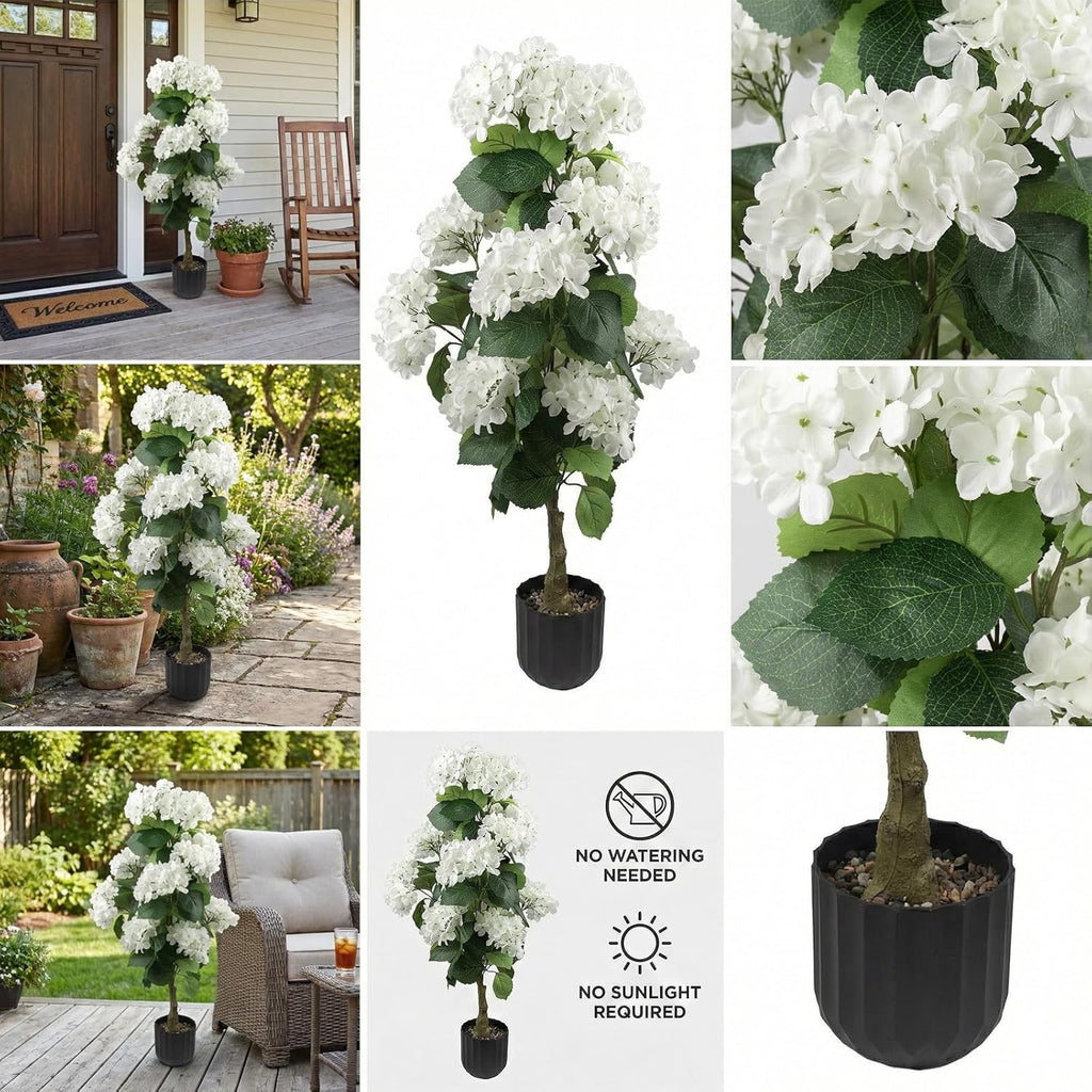 2 Pcs 3 Ft Artificial Hydrangea Trees Potted, UV Resistant Faux Silk Hydrangea Plant in Pot for Indoor Outdoor Decoration, Hydrangea Topiary for Garden Office Home Porch Patio Decor (2, White)