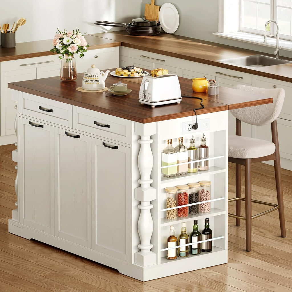 Kitchen Island with Power Outlet & Trash Cabinet, 47.6" Roman Style Rolling Kitchen Island with Drop Leaf Tabletop 11.8", Kitchen Cart with Spice Rack & Drawers & Cabinets Coffee Bar Station