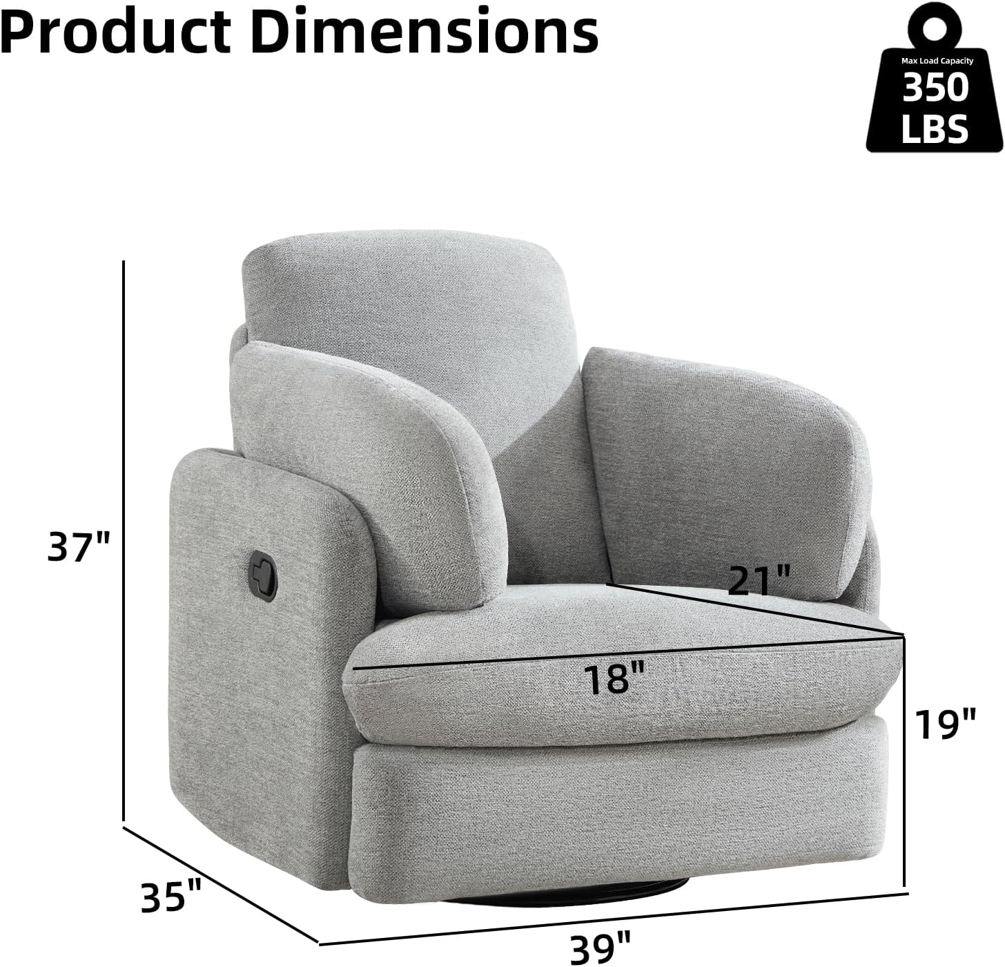 CANMOV Swivel Rocker Recliner, Manual Recliner Chair for Adults, Nursery Glider Rocking Chair with 2 Bolster Pillows and Hidden Storage, Light Grey