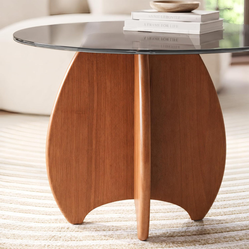 Modern Round Side Table for Living Room, 19.7" Glass Top End Table | Coffee Table with Walnut Rubber Wood Sculptural Petal Base for Living Room Sofa Corner Bedroom