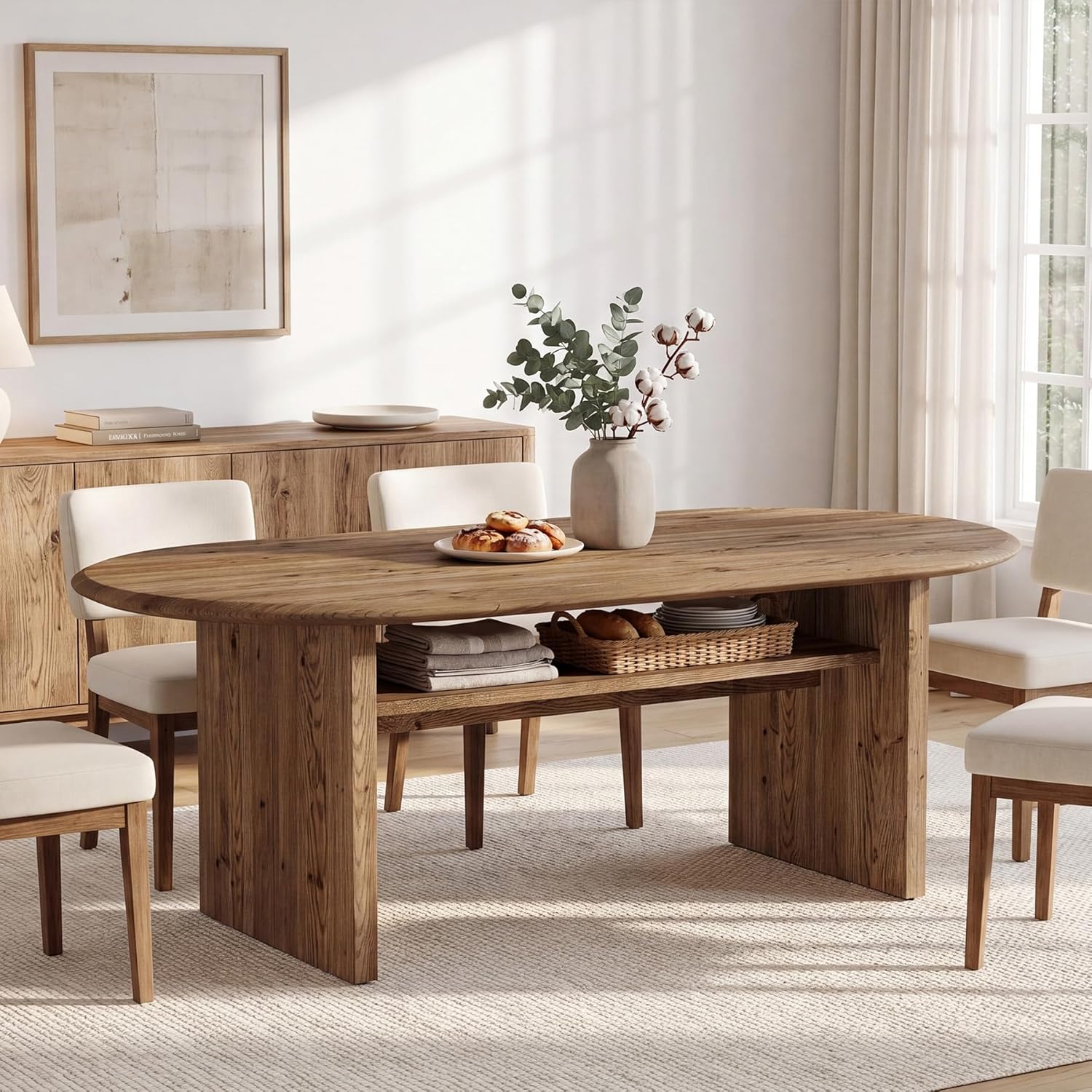 63" Oval Dining Table for 6, Farmhouse Solid Wood Kitchen Table with Storage for Dining Room, Living Room, Natural Wood